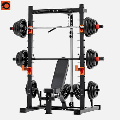 Multi Functional Power Rack with Weight Bench and Barbell 3D