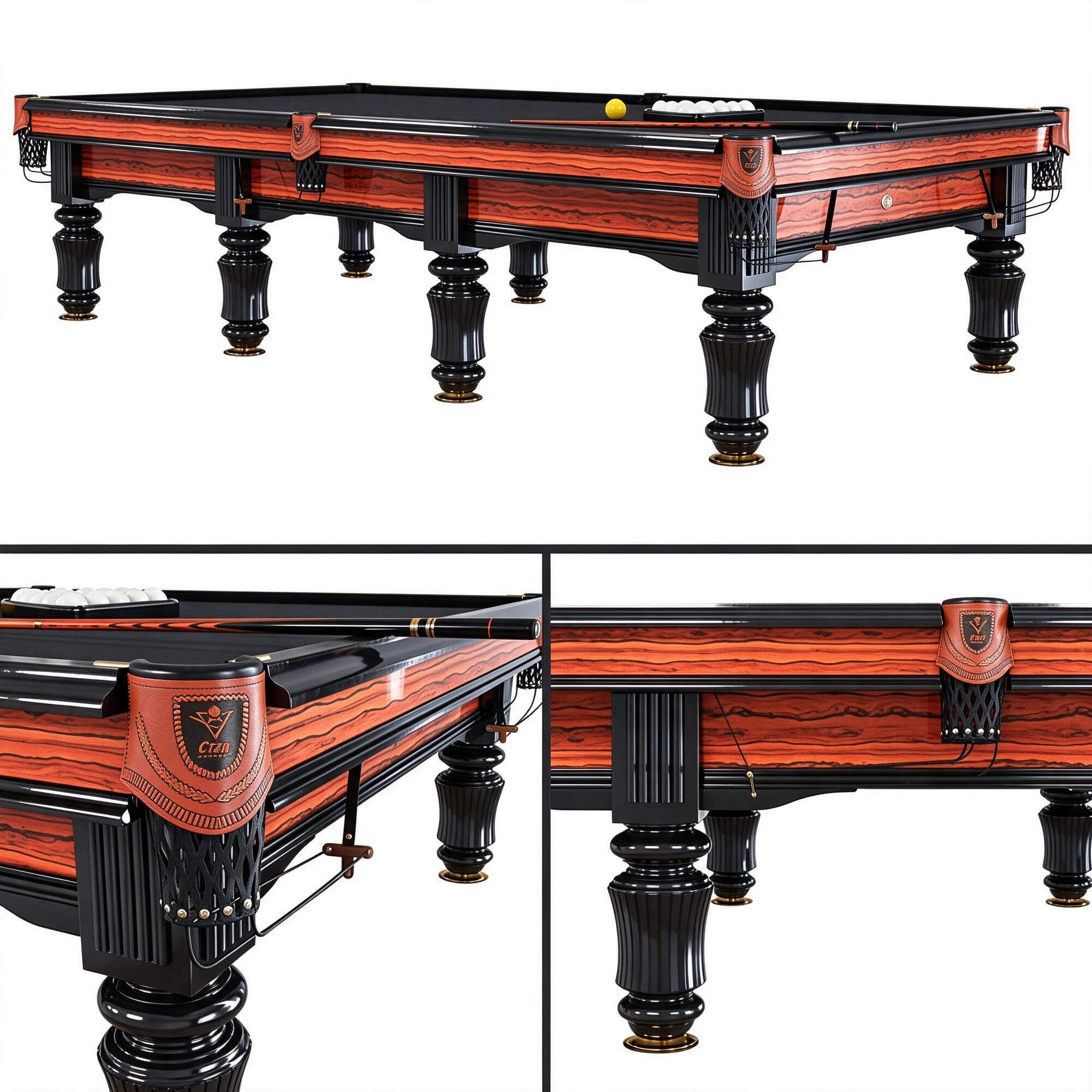 Ornate Carved Billiard Table Red Grain Veneer Black Felt 3D 3D Model