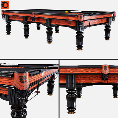 Ornate Carved Billiard Table Red Grain Veneer Black Felt 3D