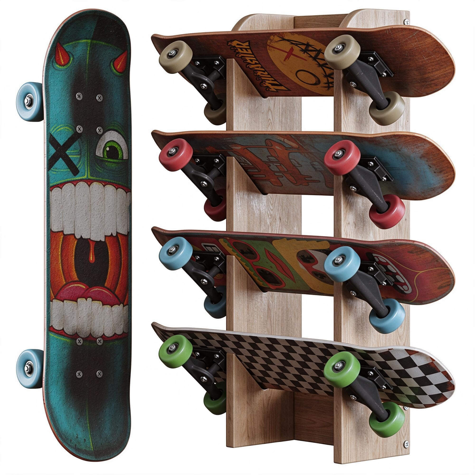 Skateboard Rack with Four Skateboards 3D Model 3D Model