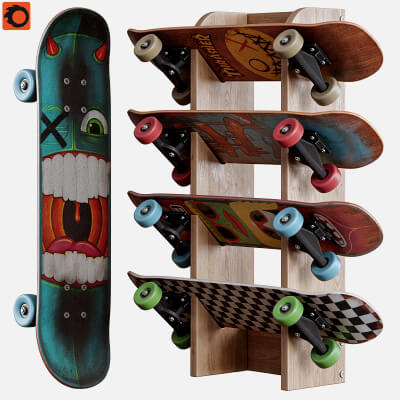 Skateboard Rack with Four Skateboards 3D Model