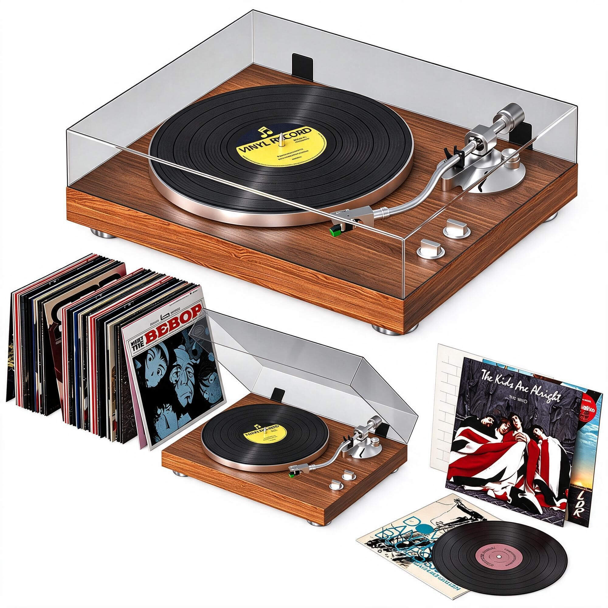 Vinyl Turntable with Vinyl Record Collection 3D Model 3D Model
