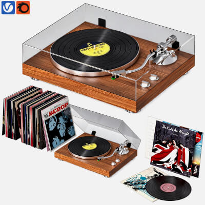 Vinyl Turntable with Vinyl Record Collection 3D Model