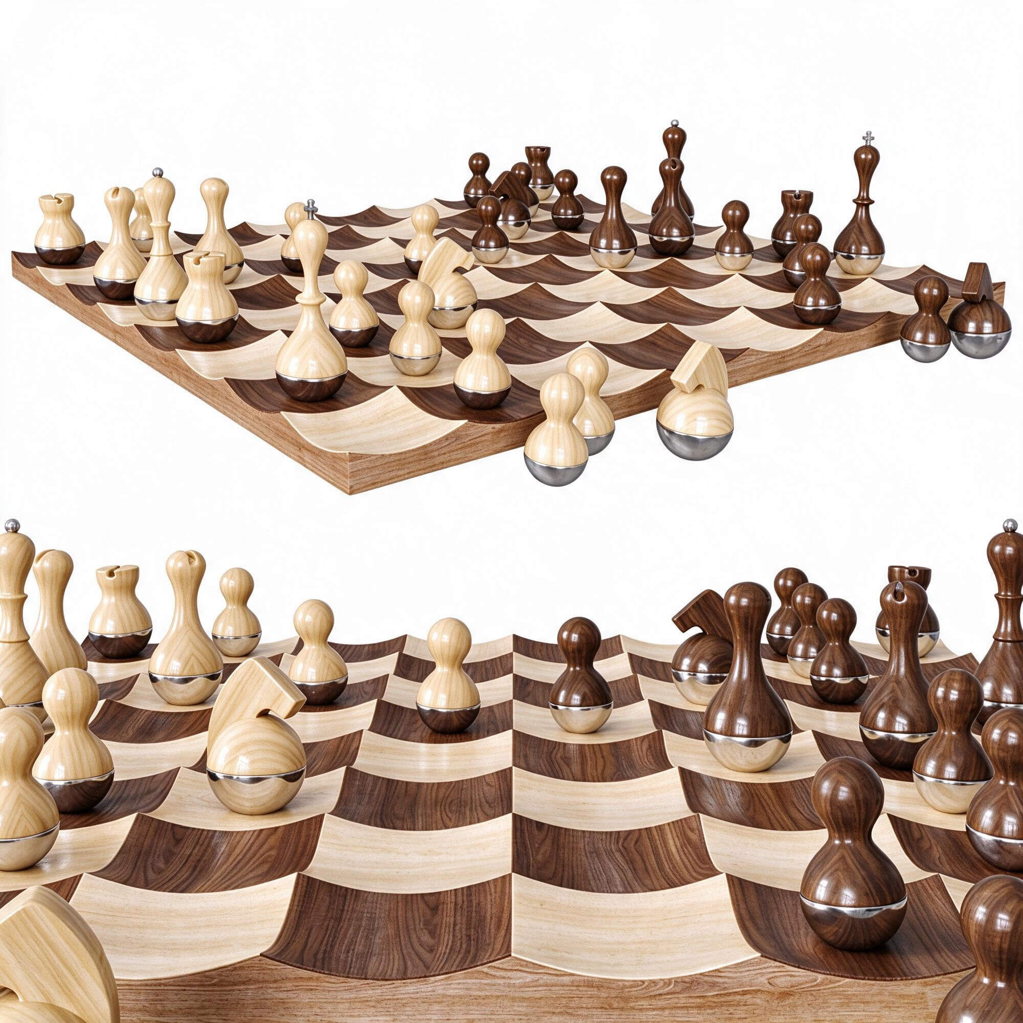 Wobble Chess Set Wavy Wooden Chessboard 3D Model 3D Model
