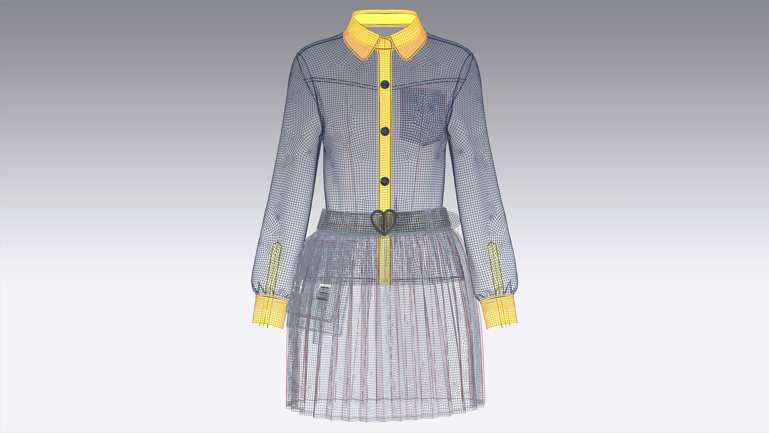 Girls Belted Utility Pleated Skirt With Shirt - Outfit 3D Model