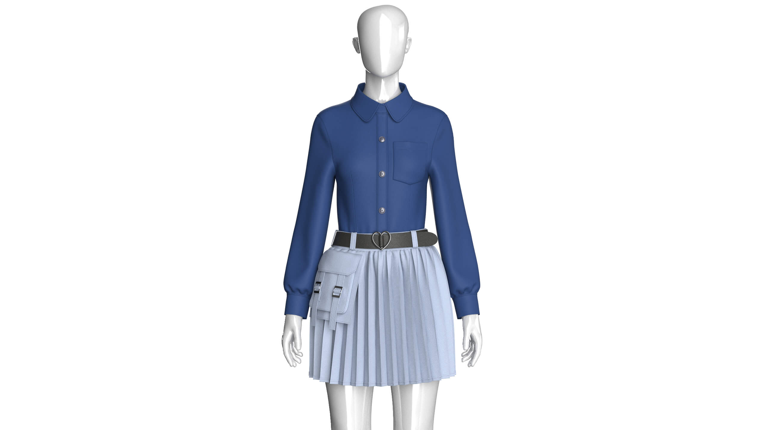 Girls Belted Utility Pleated Skirt With Shirt - Outfit 3D Model