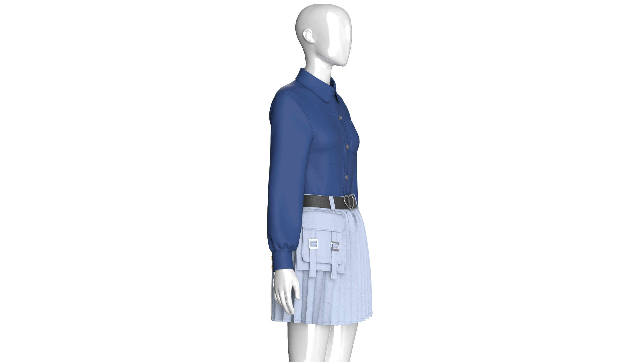 Girls Belted Utility Pleated Skirt With Shirt - Outfit 3D Model
