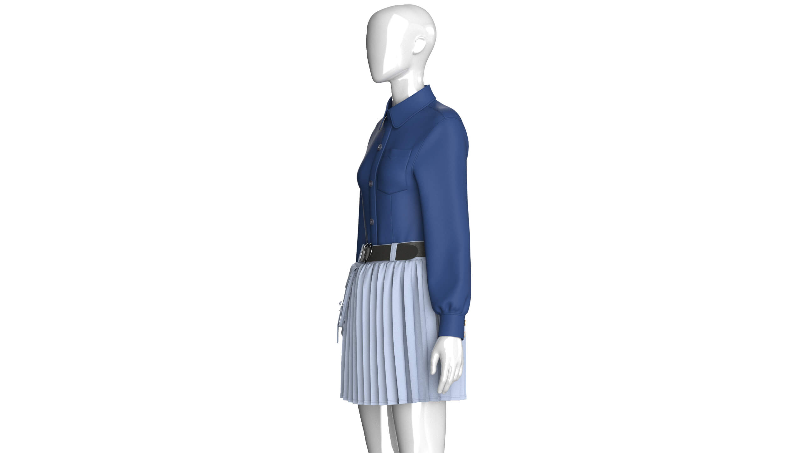 Girls Belted Utility Pleated Skirt With Shirt - Outfit 3D Model