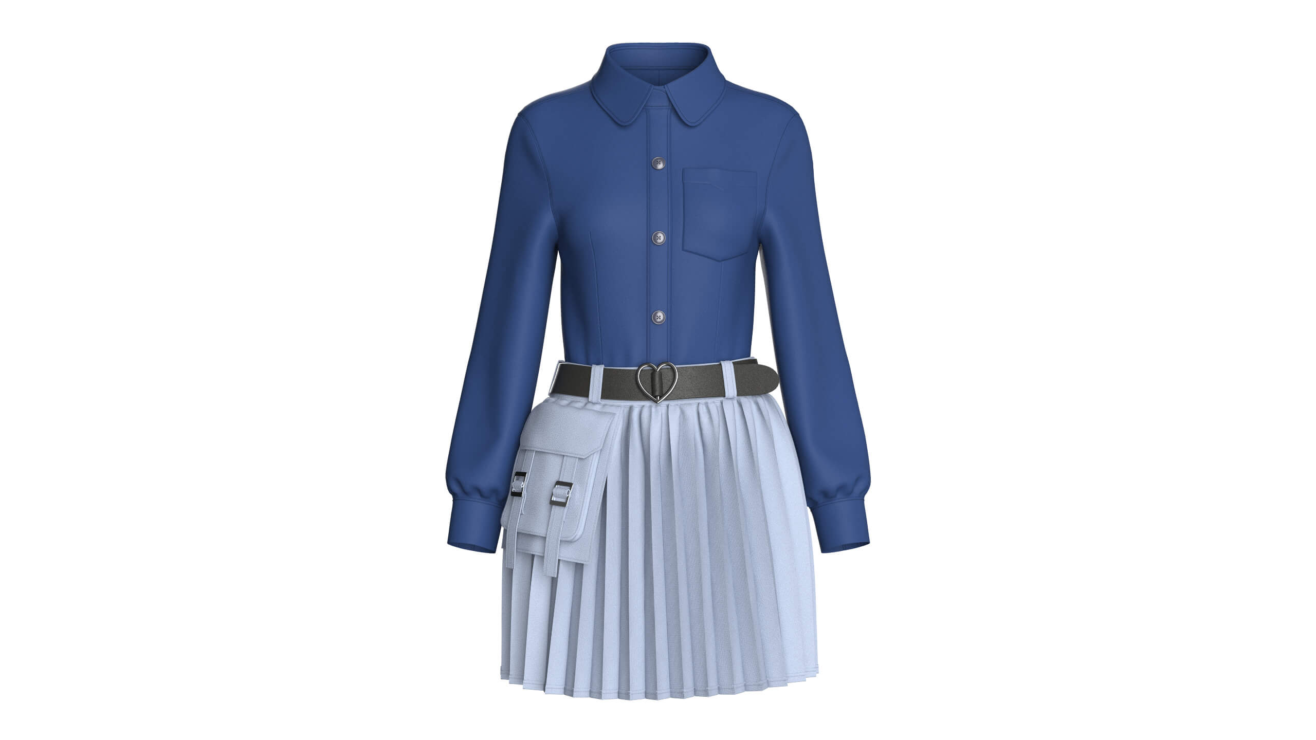 Girls Belted Utility Pleated Skirt With Shirt - Outfit 3D Model