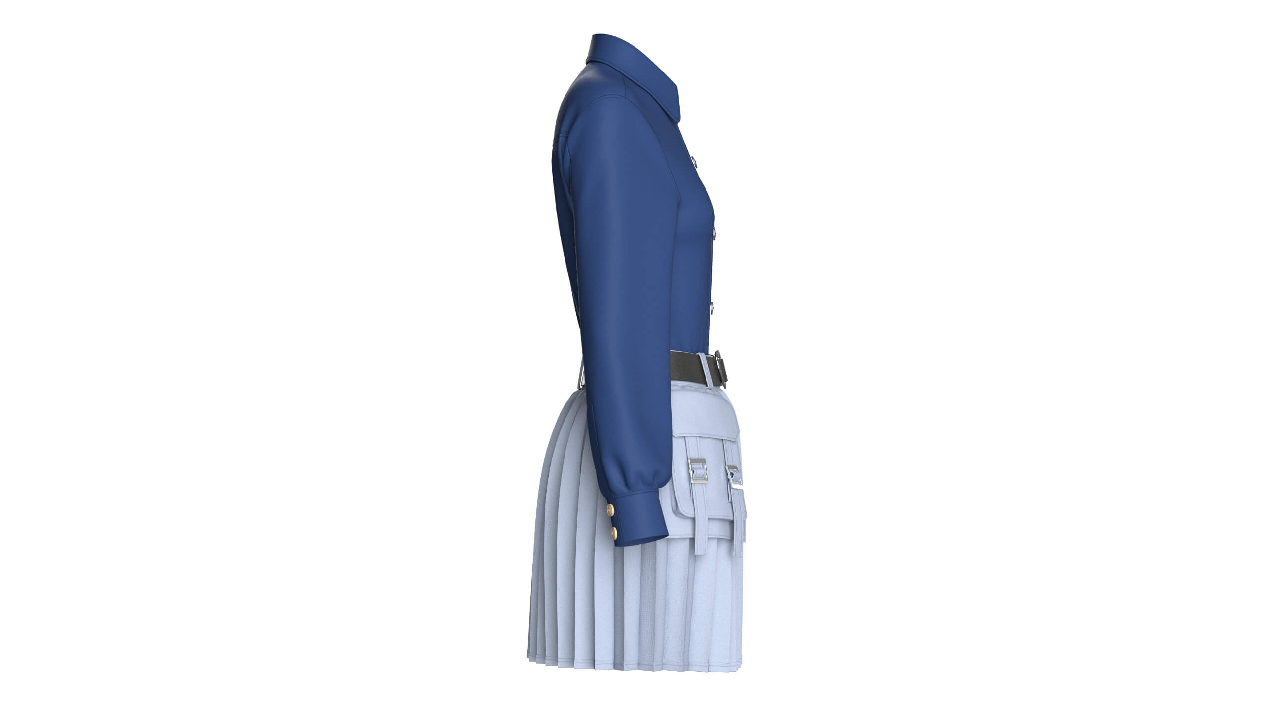 Girls Belted Utility Pleated Skirt With Shirt - Outfit 3D Model