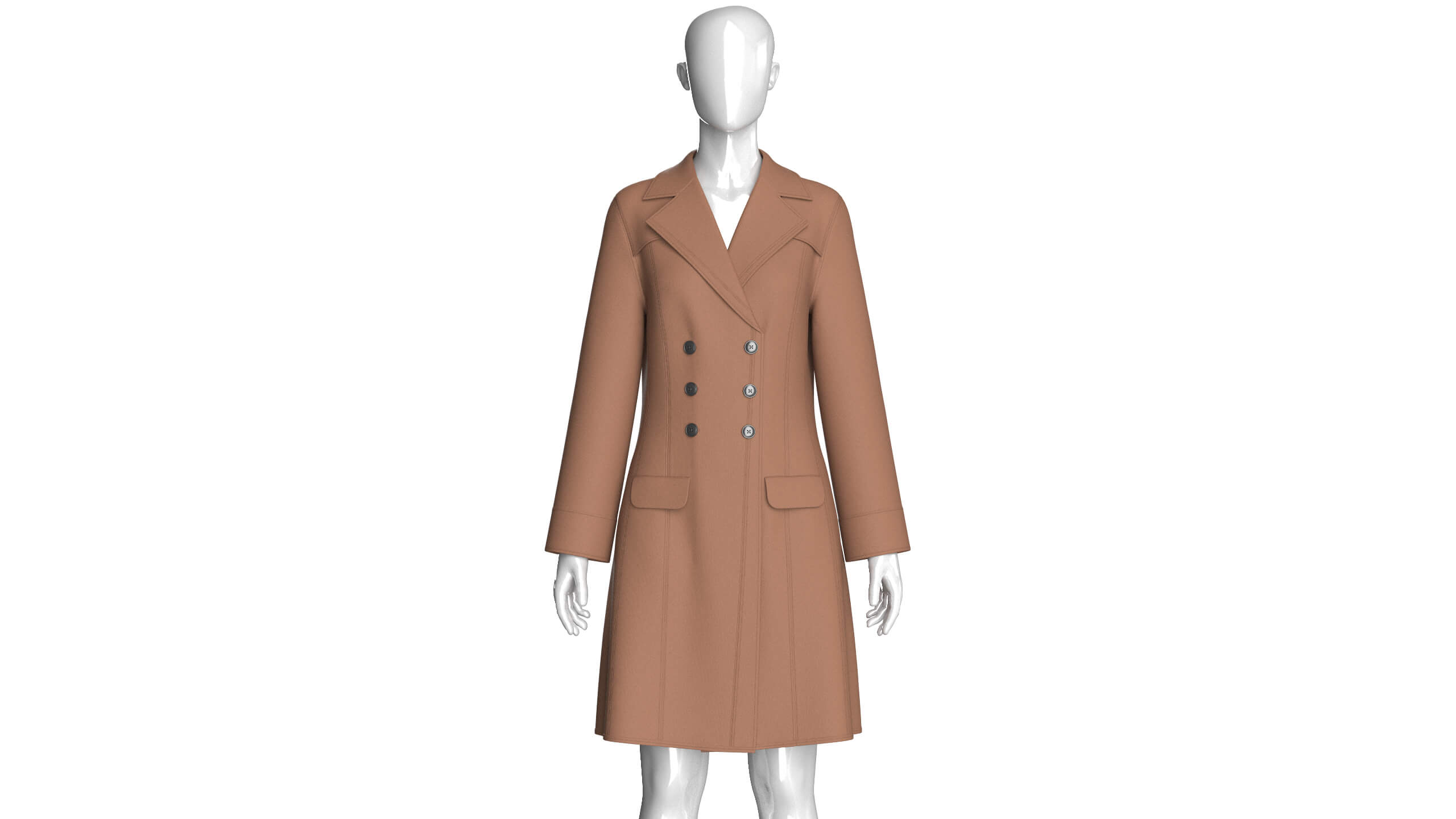 Girls Brown Double-Breasted Long Coat Dress 3D Model