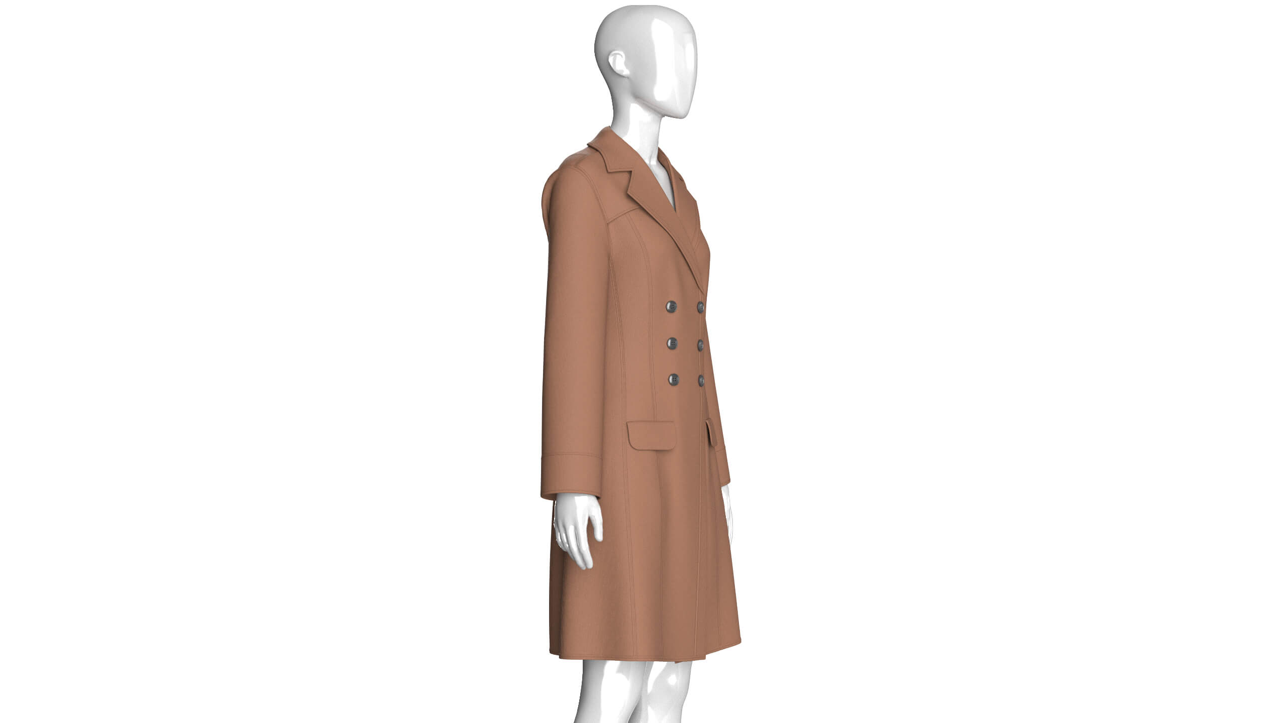Girls Brown Double-Breasted Long Coat Dress 3D Model