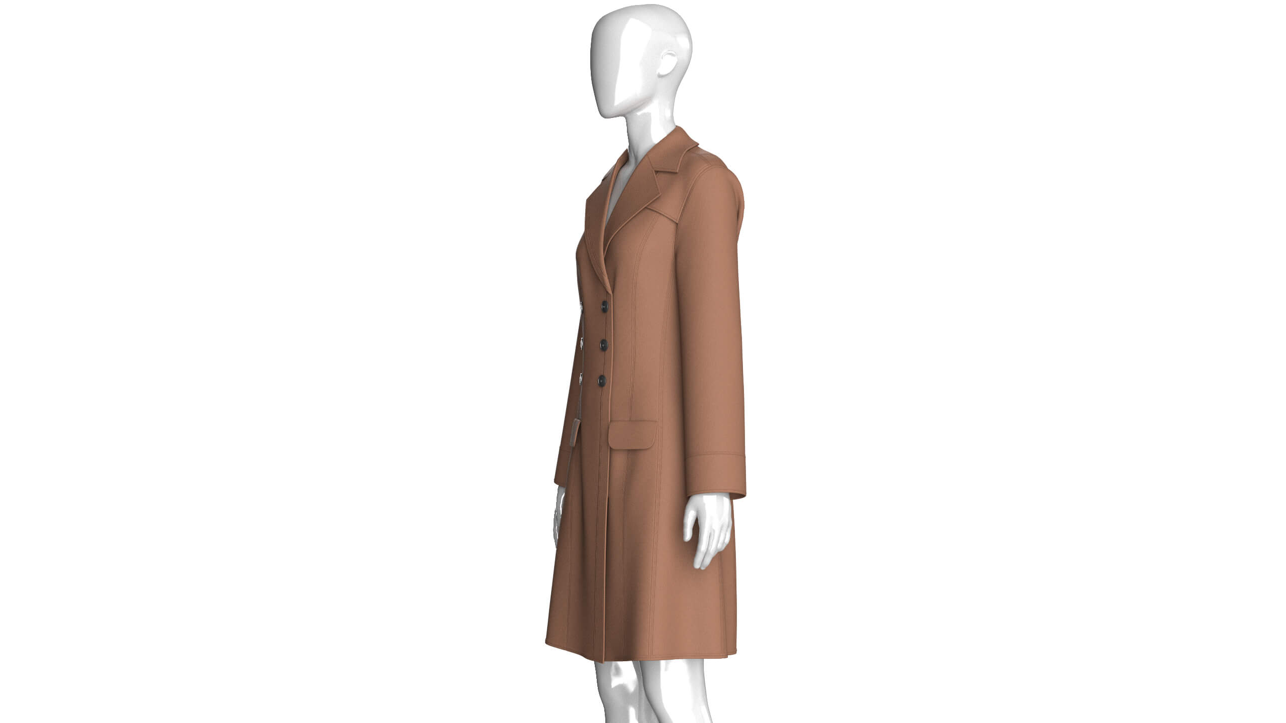 Girls Brown Double-Breasted Long Coat Dress 3D Model