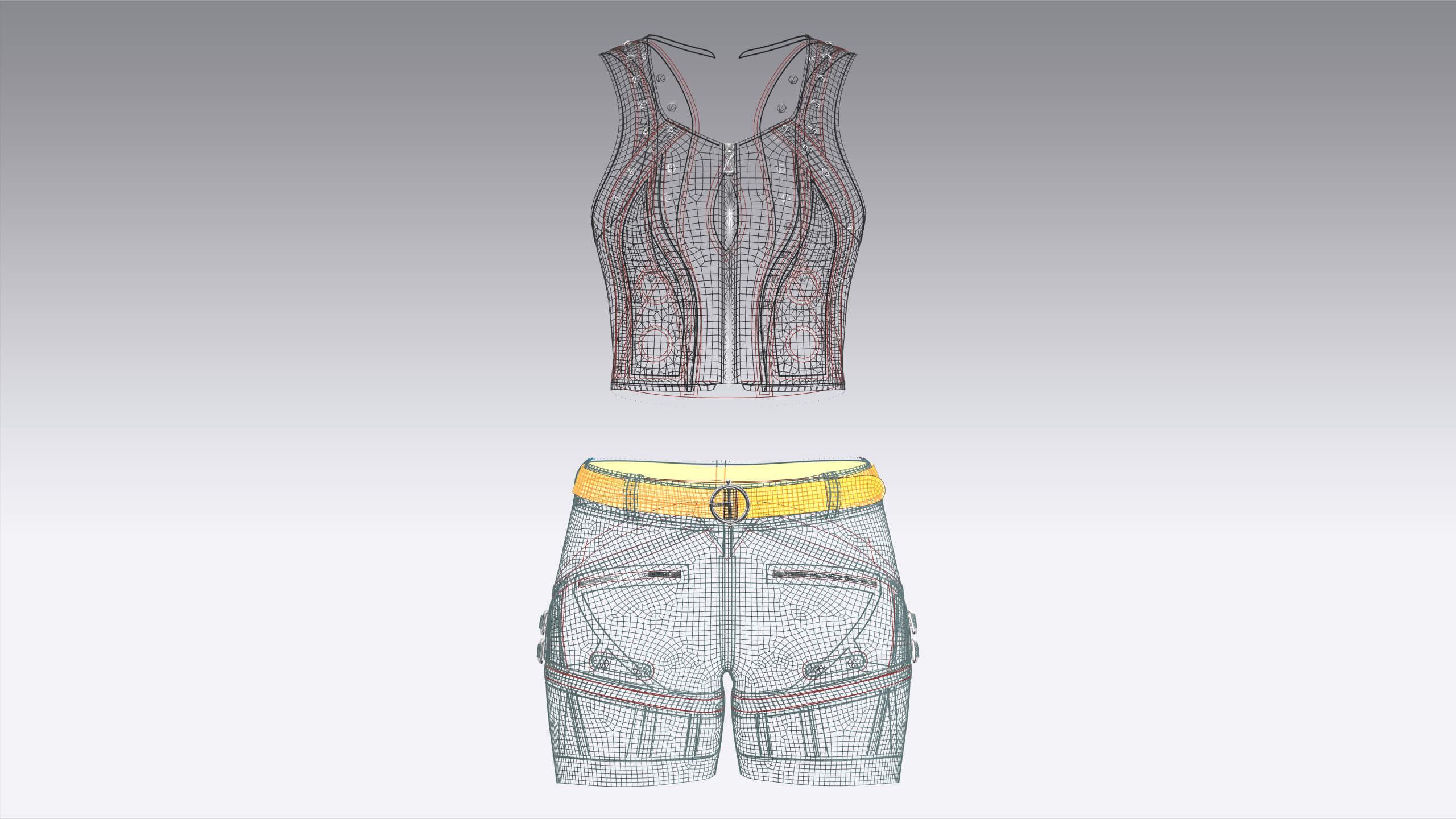 Girls Button-Detail Crop Top with Utility Shorts 3D Model