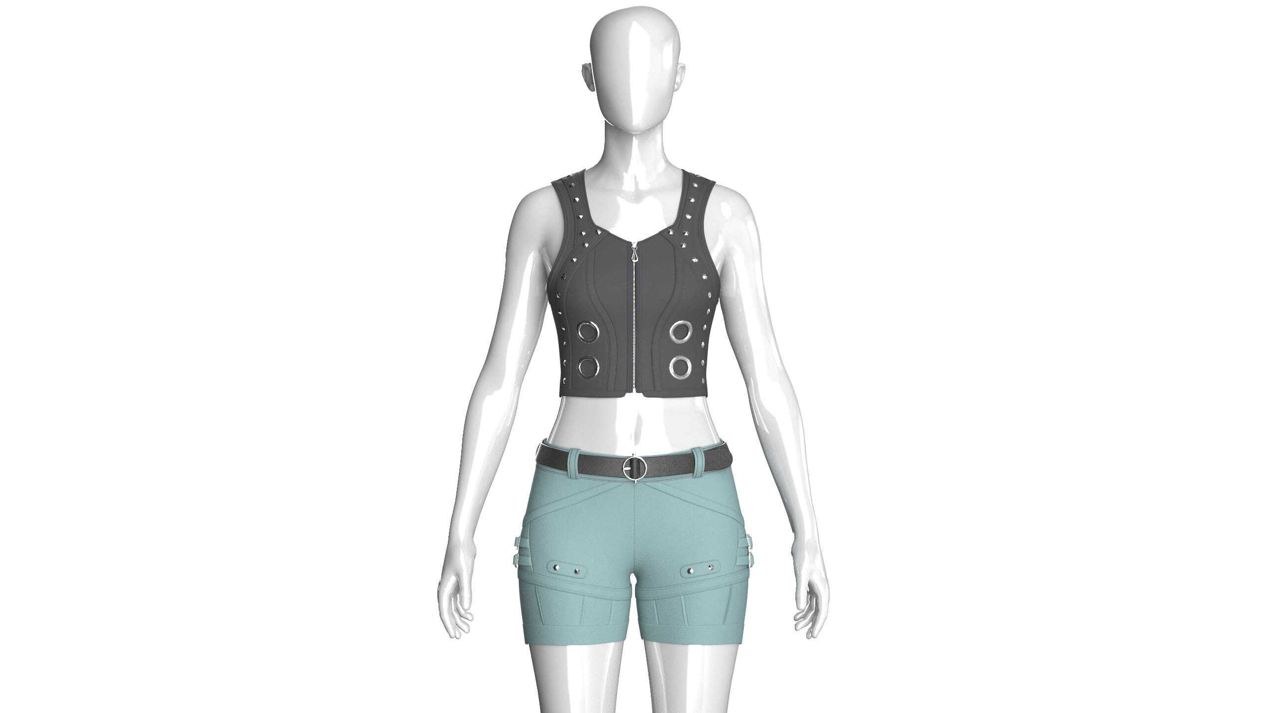 Girls Button-Detail Crop Top with Utility Shorts 3D Model
