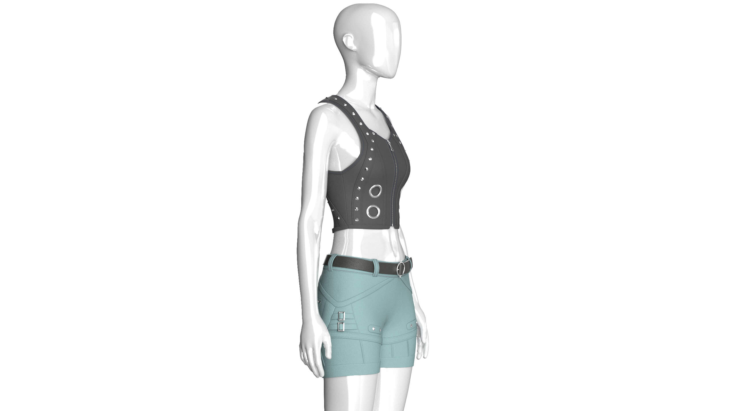 Girls Button-Detail Crop Top with Utility Shorts 3D Model