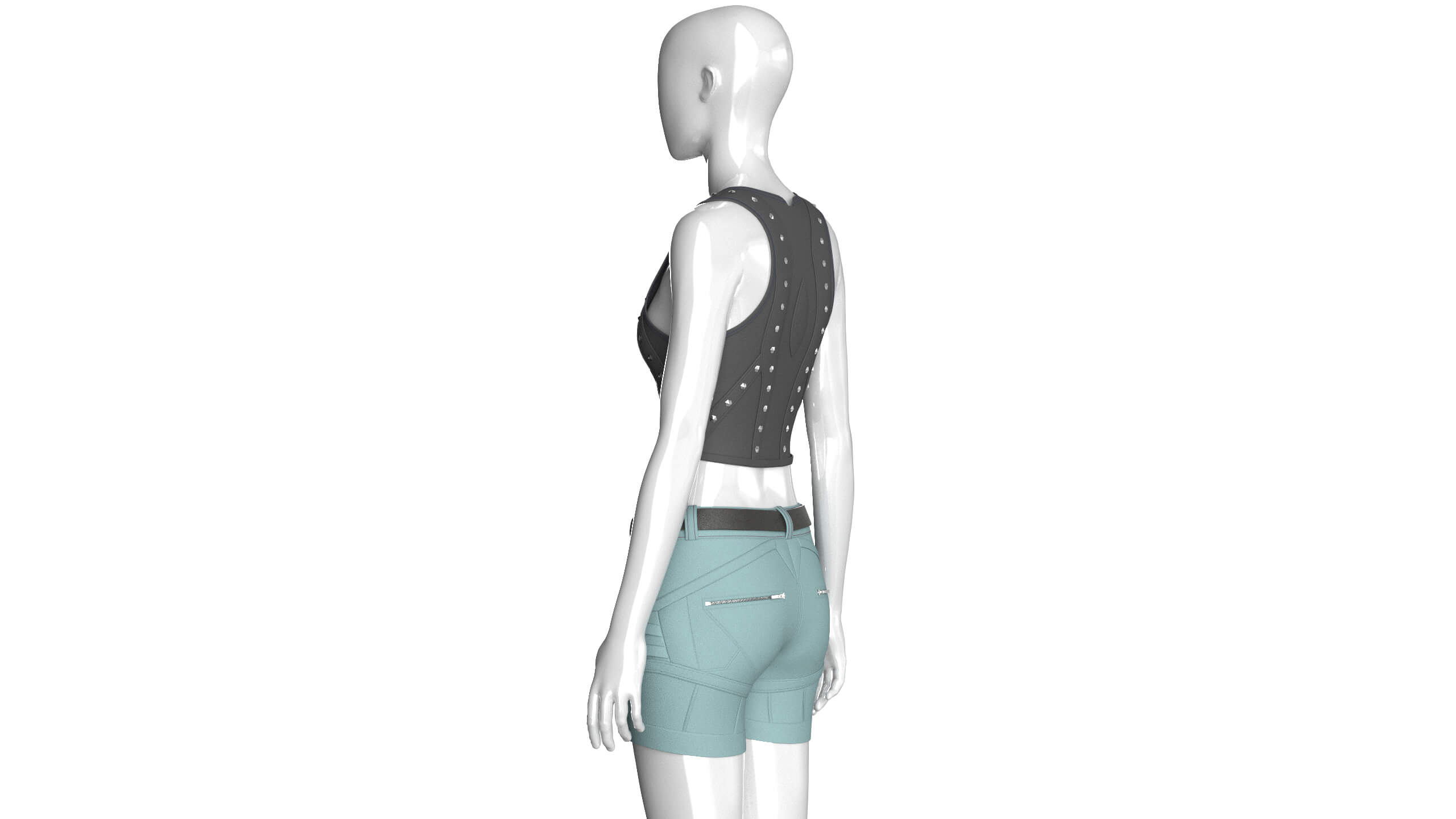 Girls Button-Detail Crop Top with Utility Shorts 3D Model