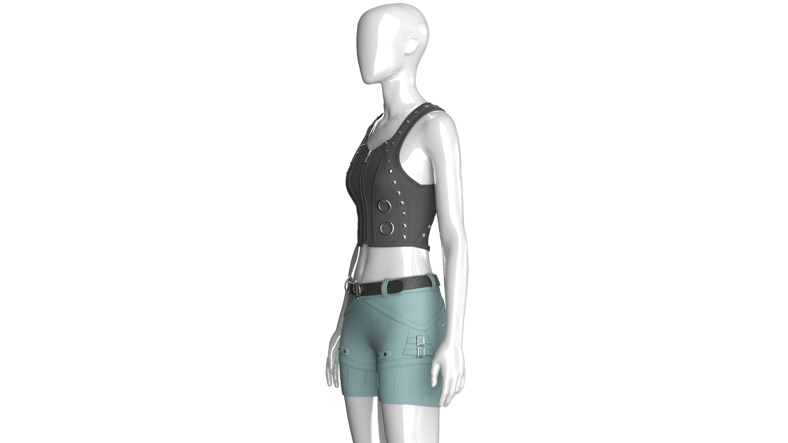 Girls Button-Detail Crop Top with Utility Shorts 3D Model
