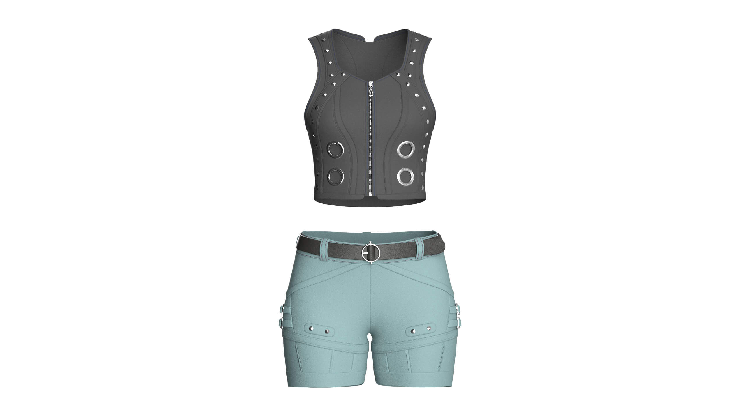 Girls Button-Detail Crop Top with Utility Shorts 3D Model