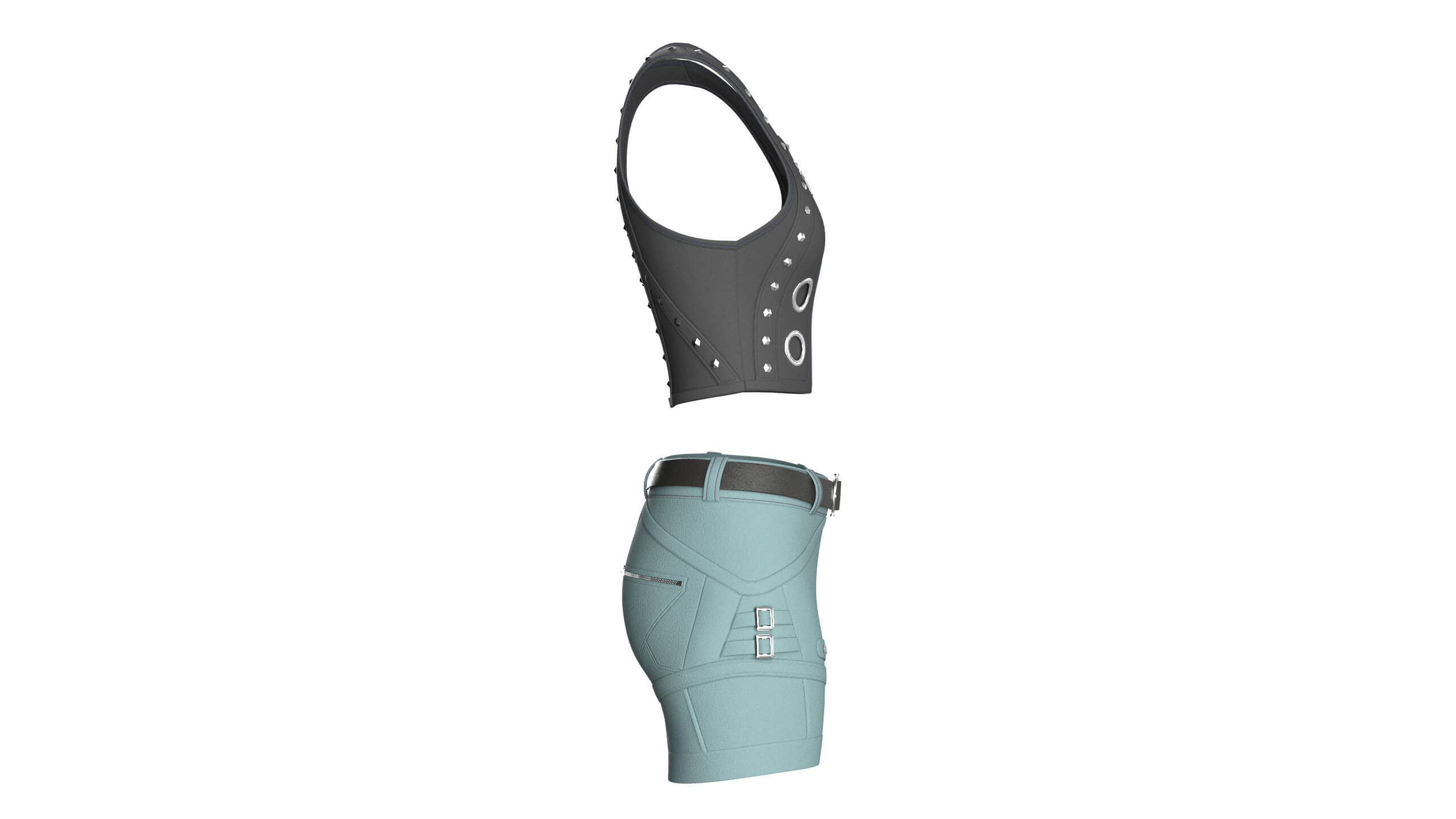 Girls Button-Detail Crop Top with Utility Shorts 3D Model
