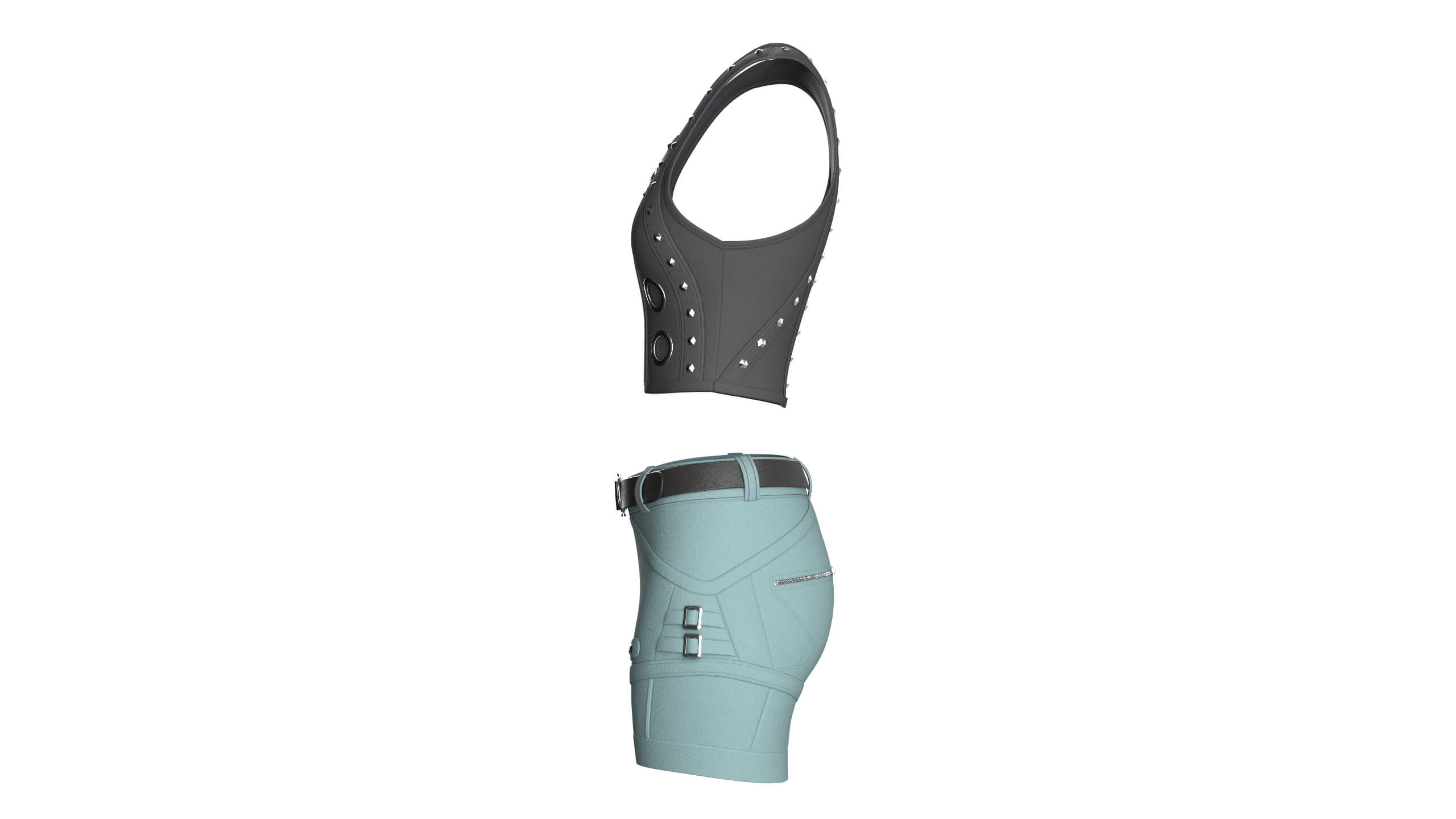 Girls Button-Detail Crop Top with Utility Shorts 3D Model