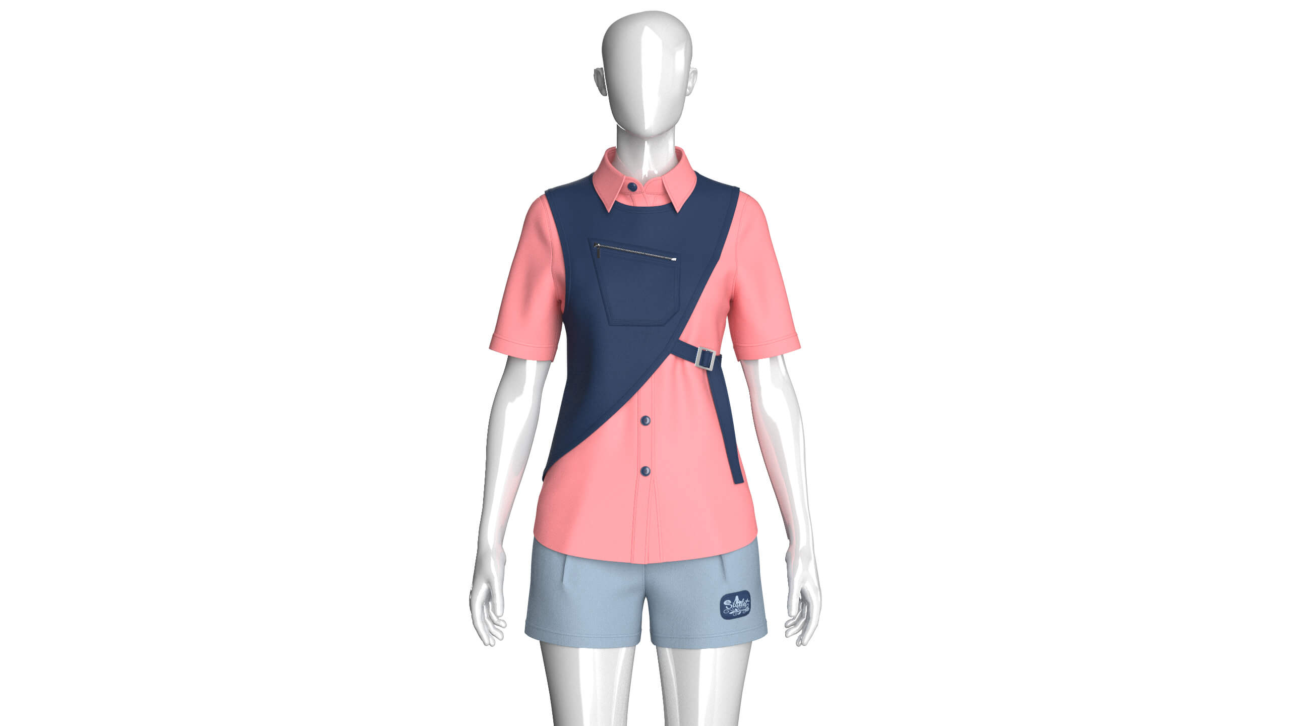 Girls Button Up Shirt with Shorts - Outfit 3D Model