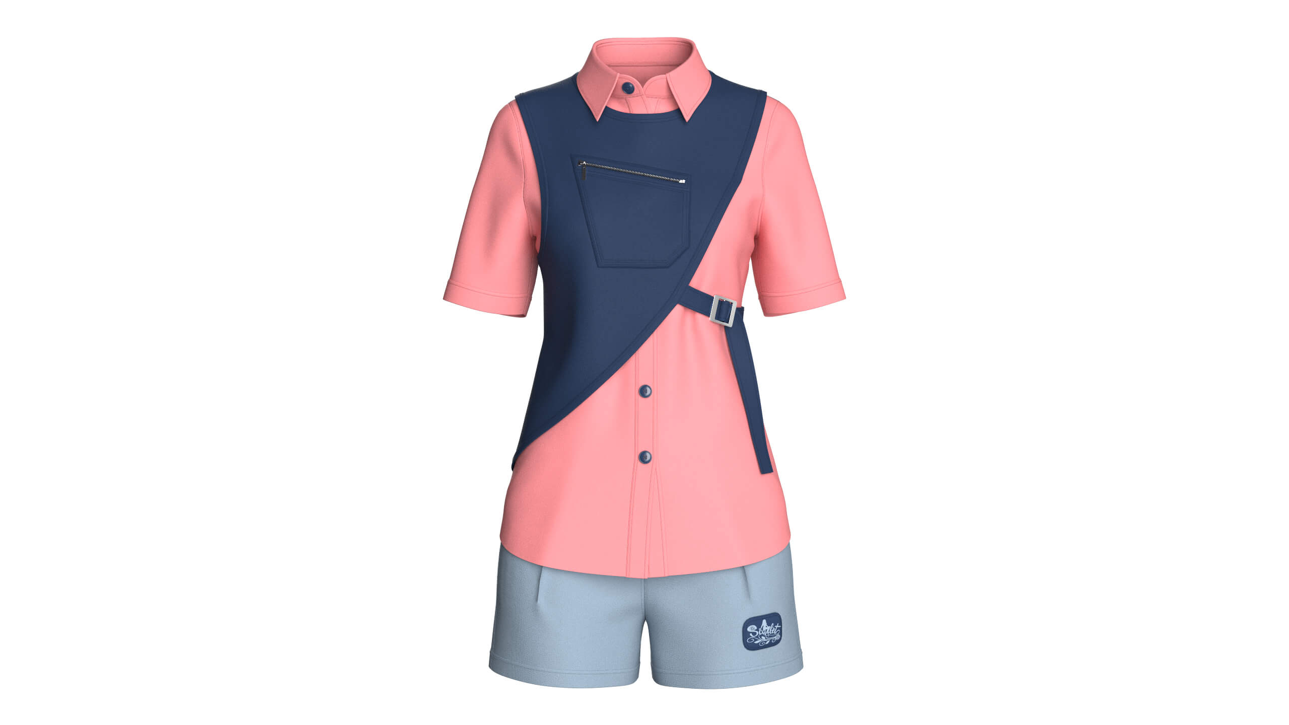 Girls Button Up Shirt with Shorts - Outfit 3D Model