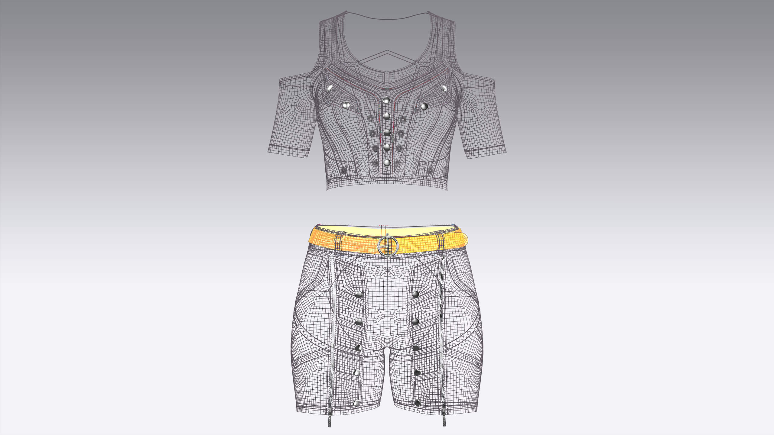 Girls Cold-Shoulder Crop Top with Utility Shorts 3D Model