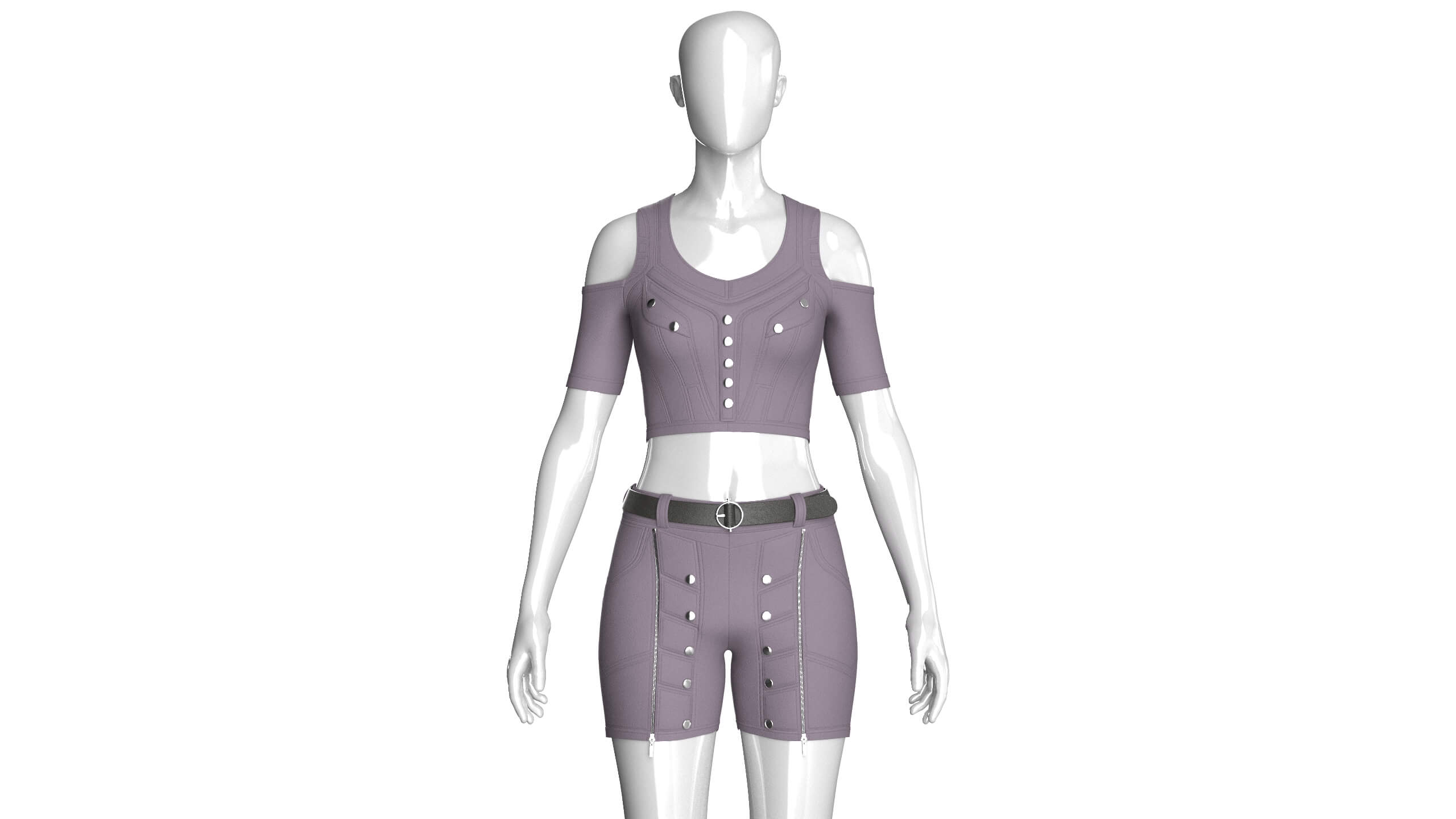 Girls Cold-Shoulder Crop Top with Utility Shorts 3D Model