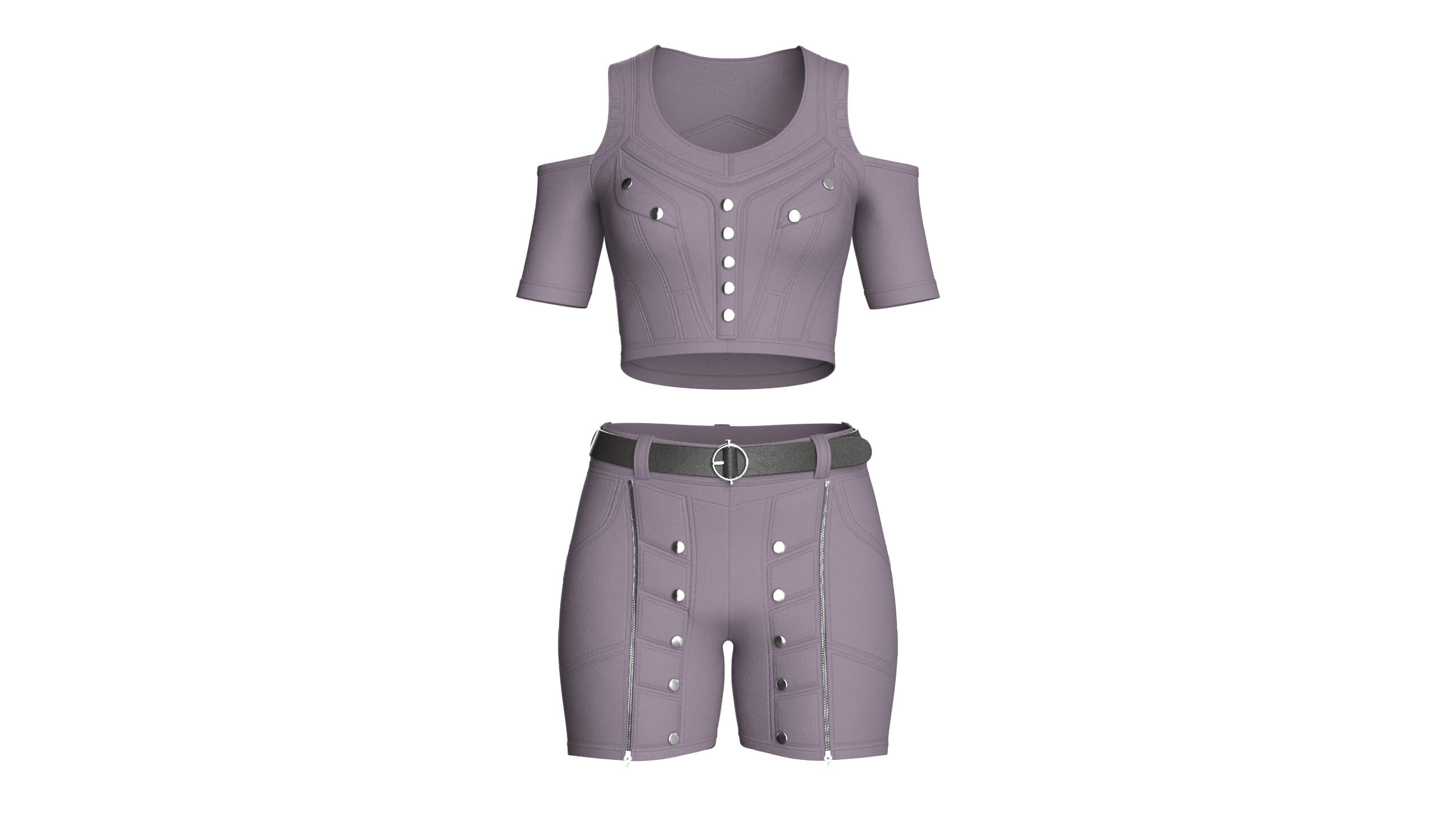 Girls Cold-Shoulder Crop Top with Utility Shorts 3D Model