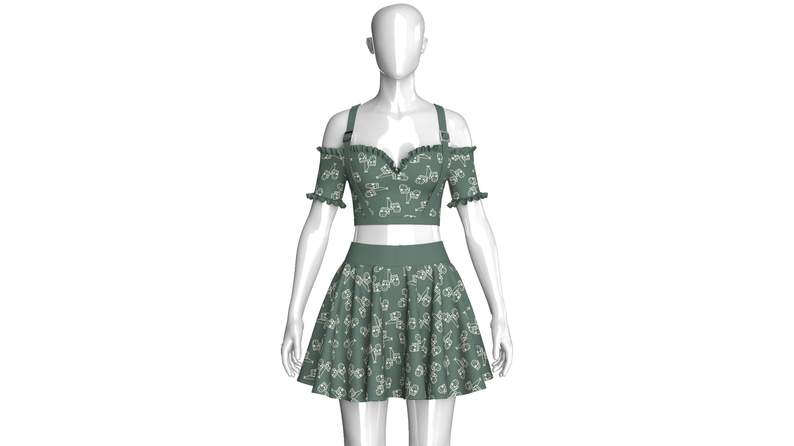 Girls Cold-Shoulder Ruffled Crop Top With Skirt 3D Model