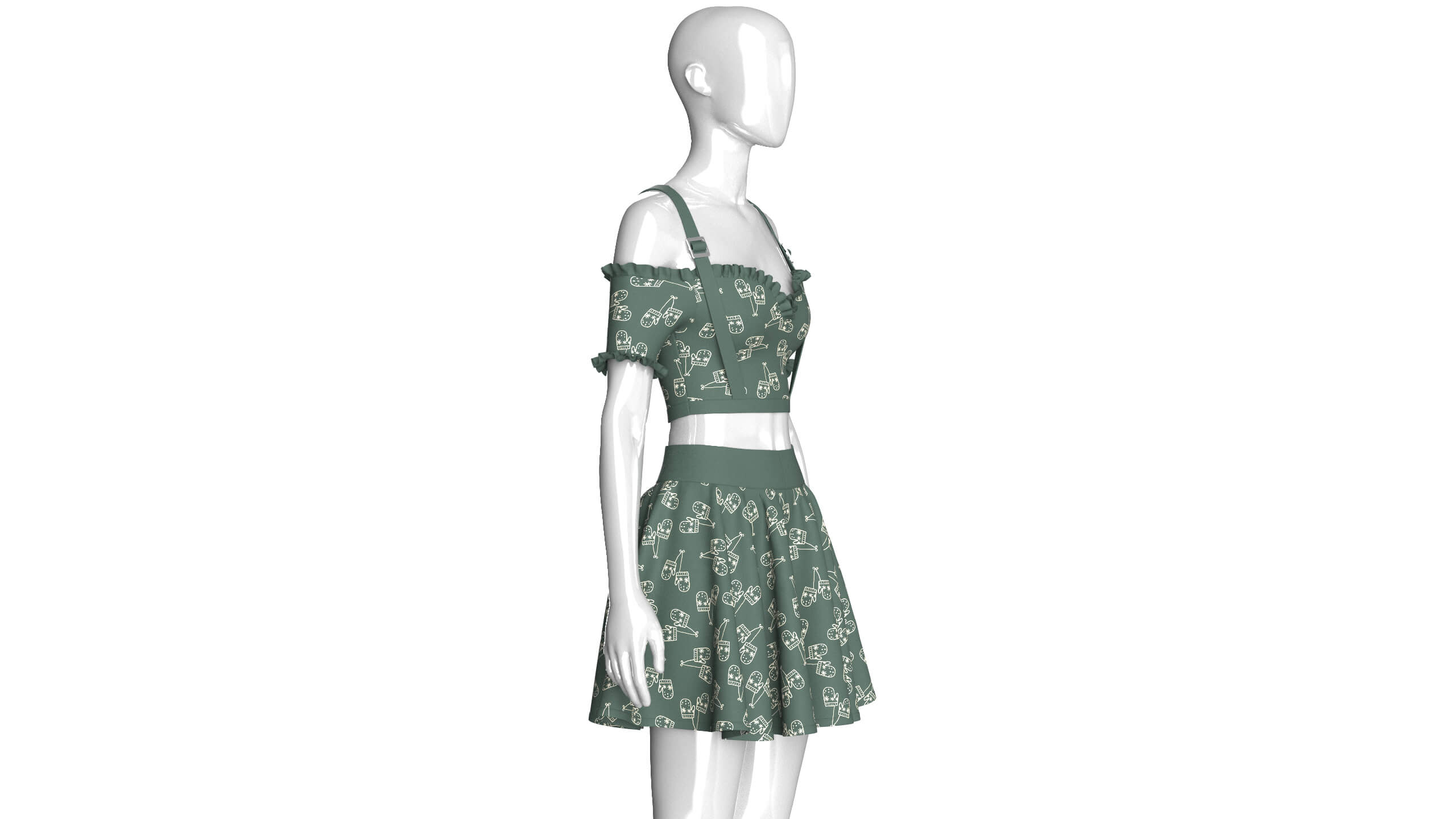 Girls Cold-Shoulder Ruffled Crop Top With Skirt 3D Model