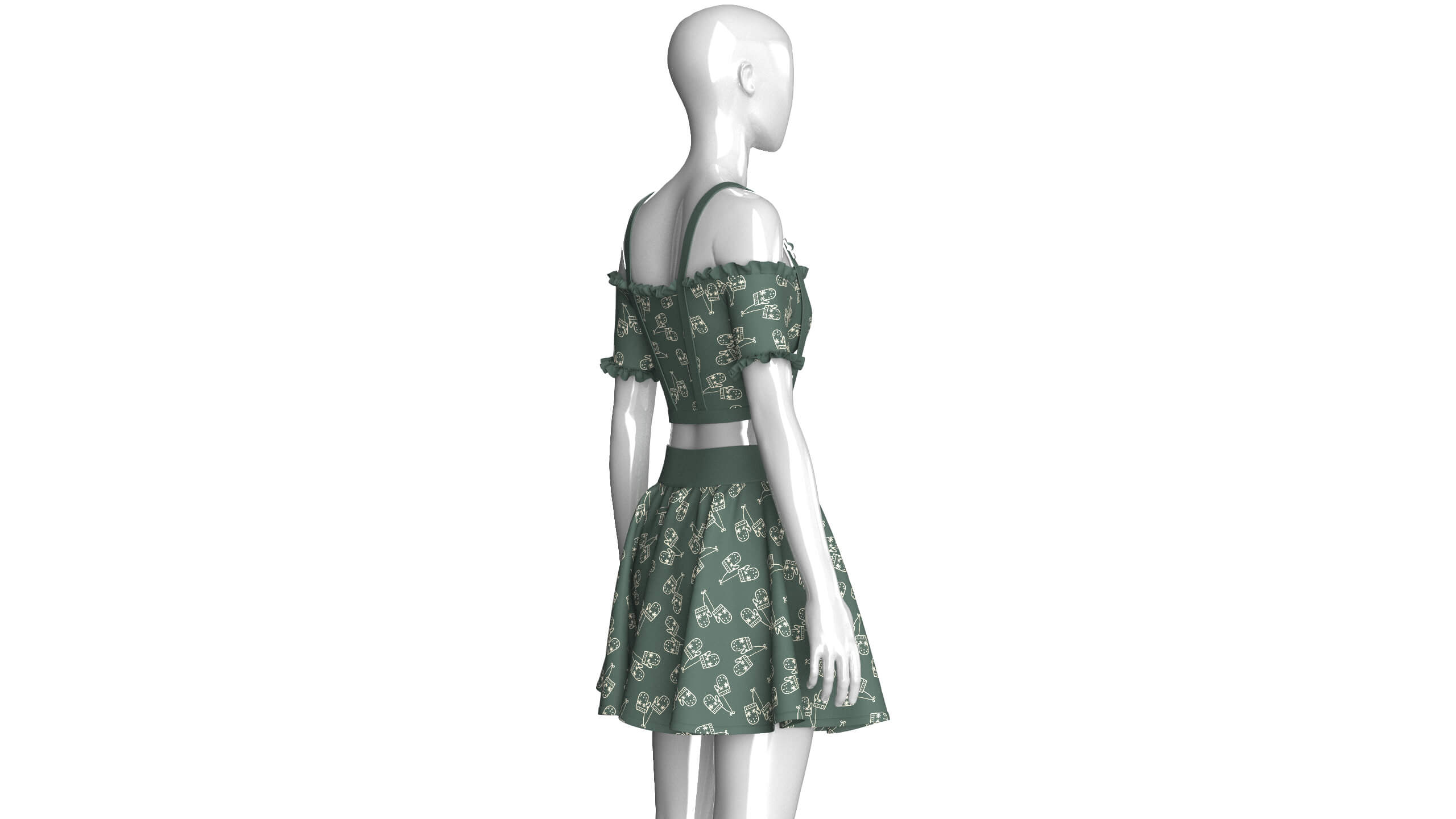 Girls Cold-Shoulder Ruffled Crop Top With Skirt 3D Model