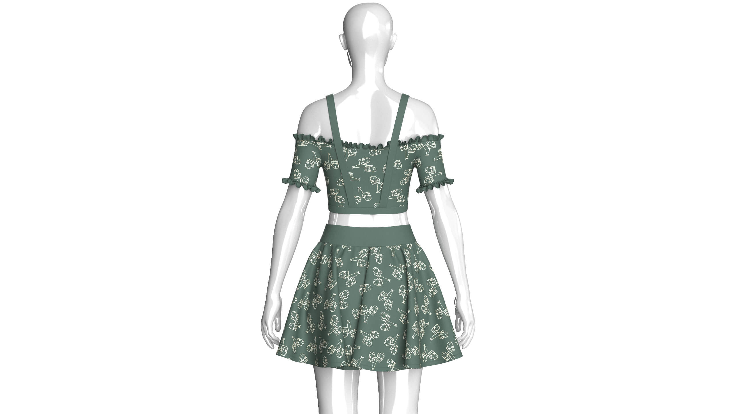 Girls Cold-Shoulder Ruffled Crop Top With Skirt 3D Model