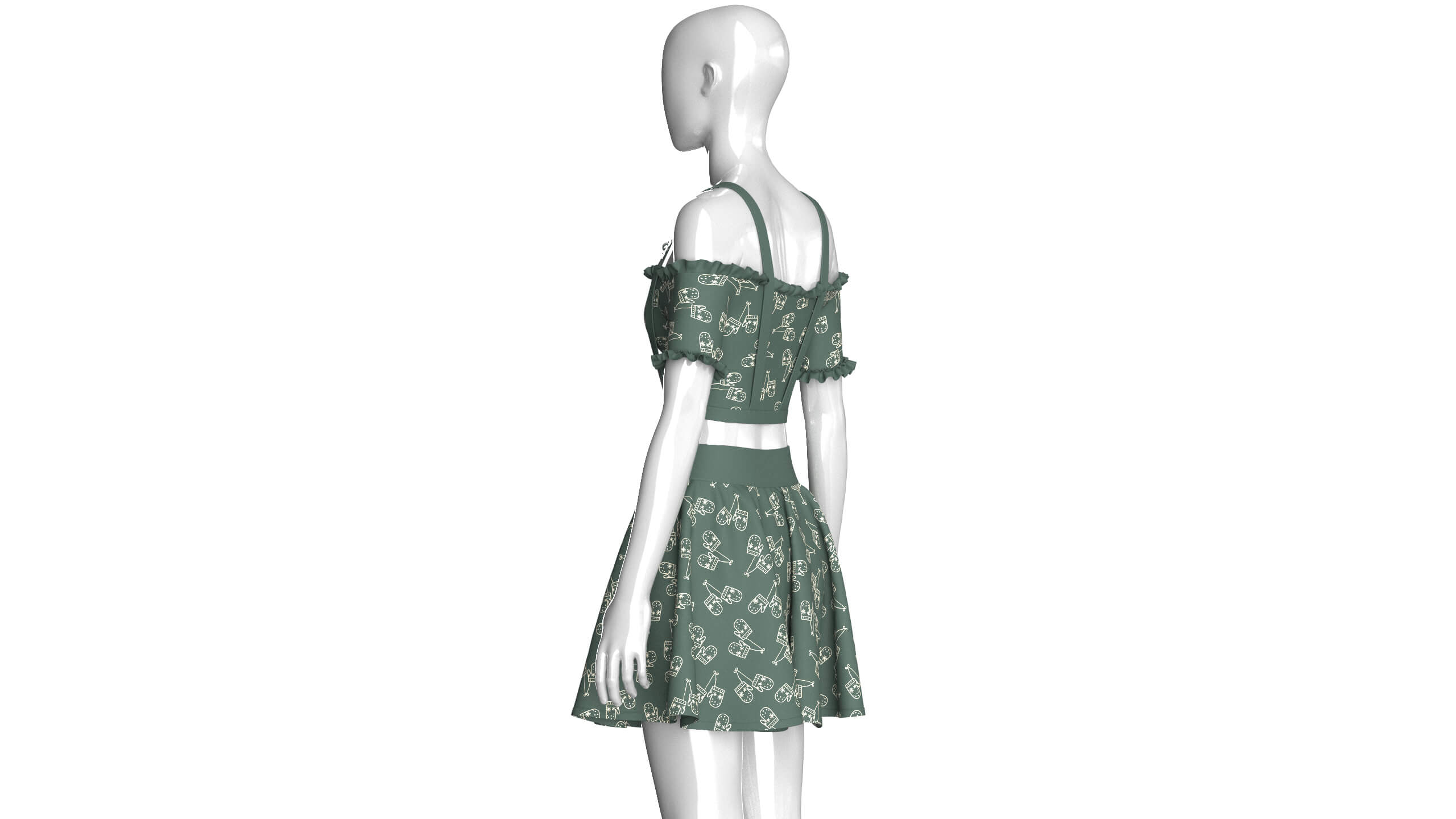 Girls Cold-Shoulder Ruffled Crop Top With Skirt 3D Model
