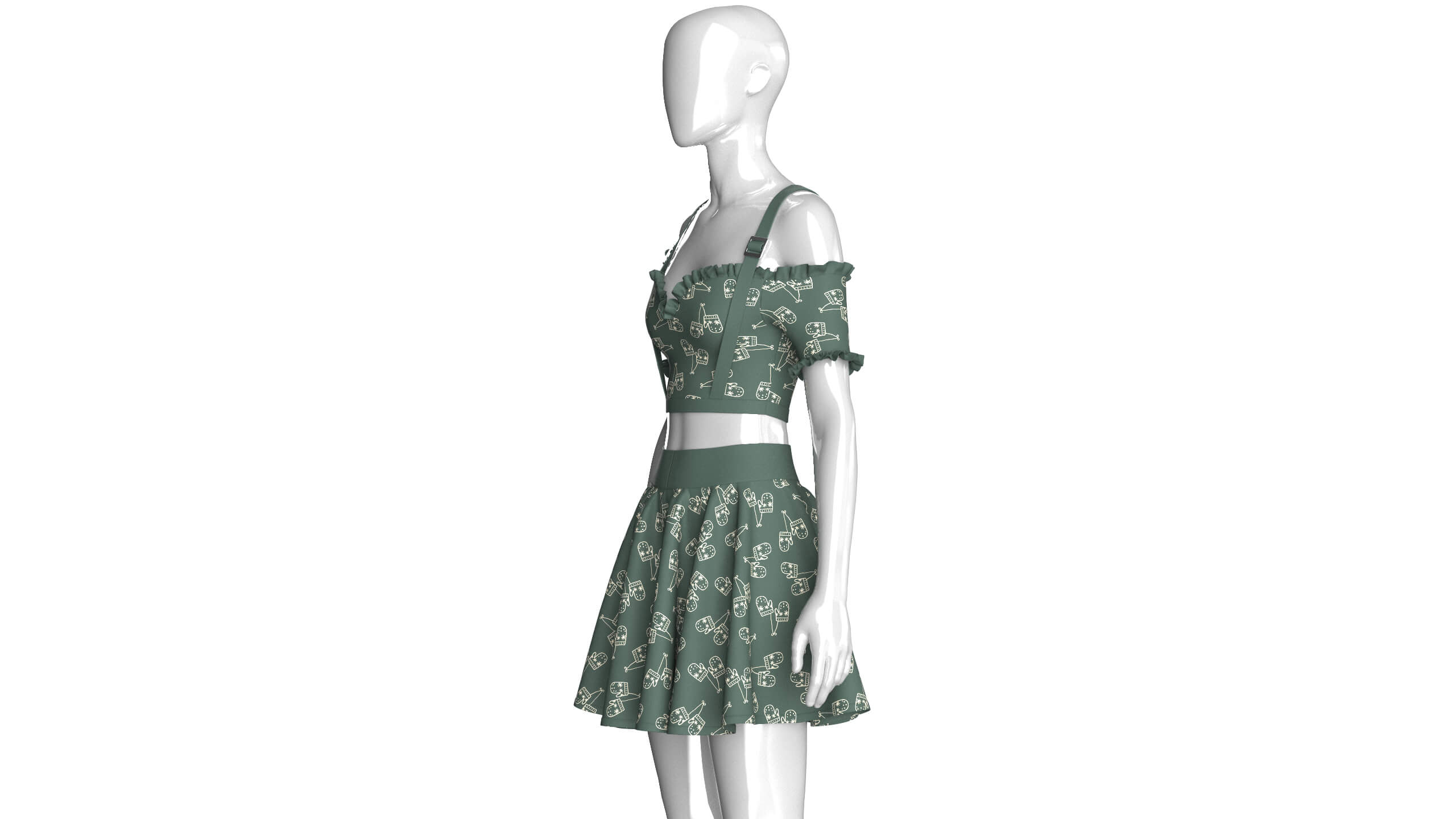 Girls Cold-Shoulder Ruffled Crop Top With Skirt 3D Model