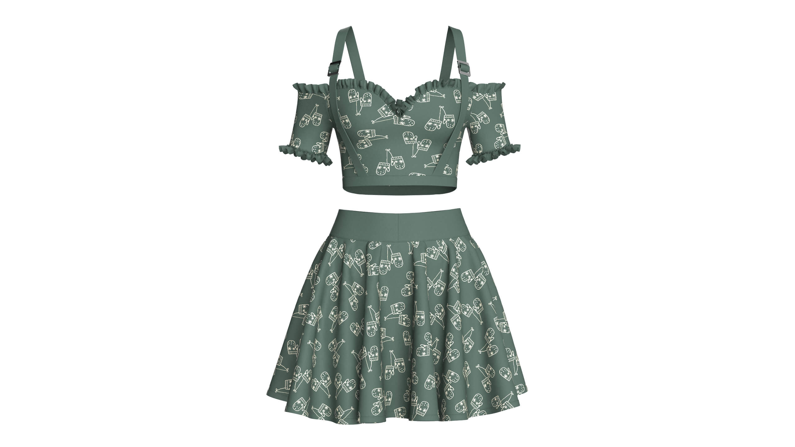Girls Cold-Shoulder Ruffled Crop Top With Skirt 3D Model