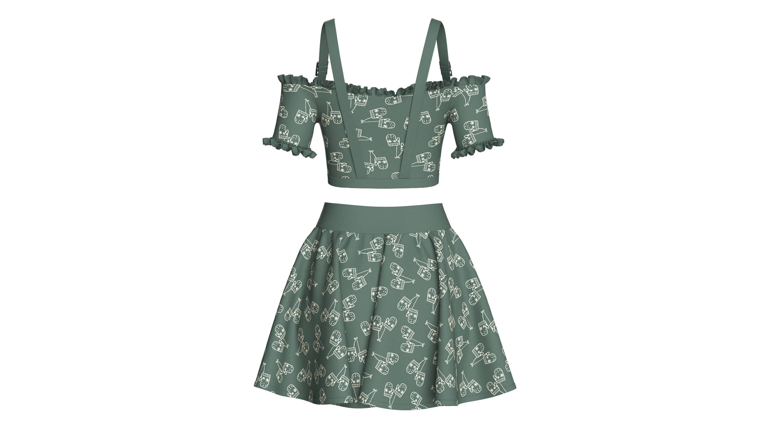Girls Cold-Shoulder Ruffled Crop Top With Skirt 3D Model