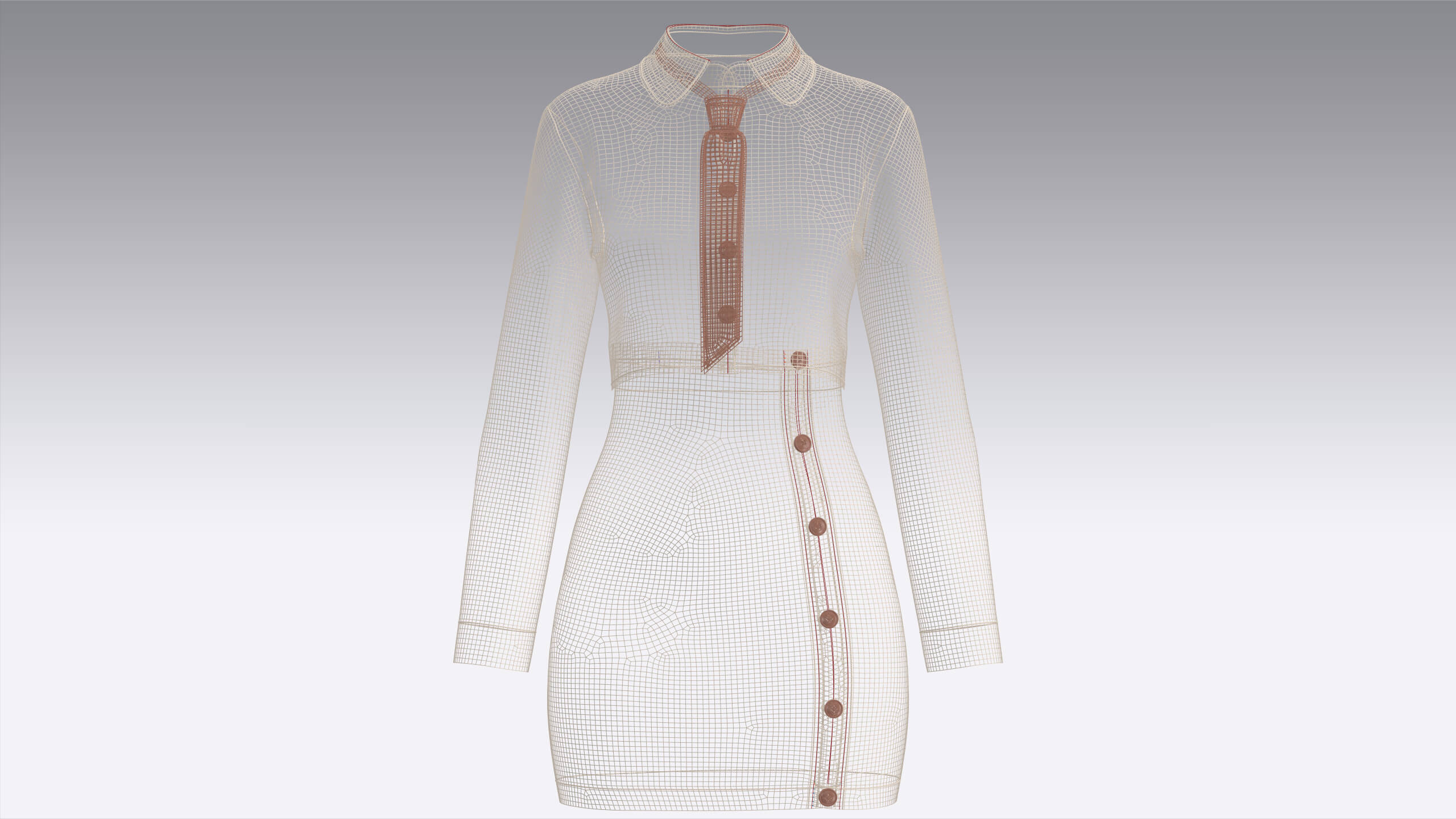 Girls Crop Shirt Tie with Side Button Skirt - Outfit 3D Model