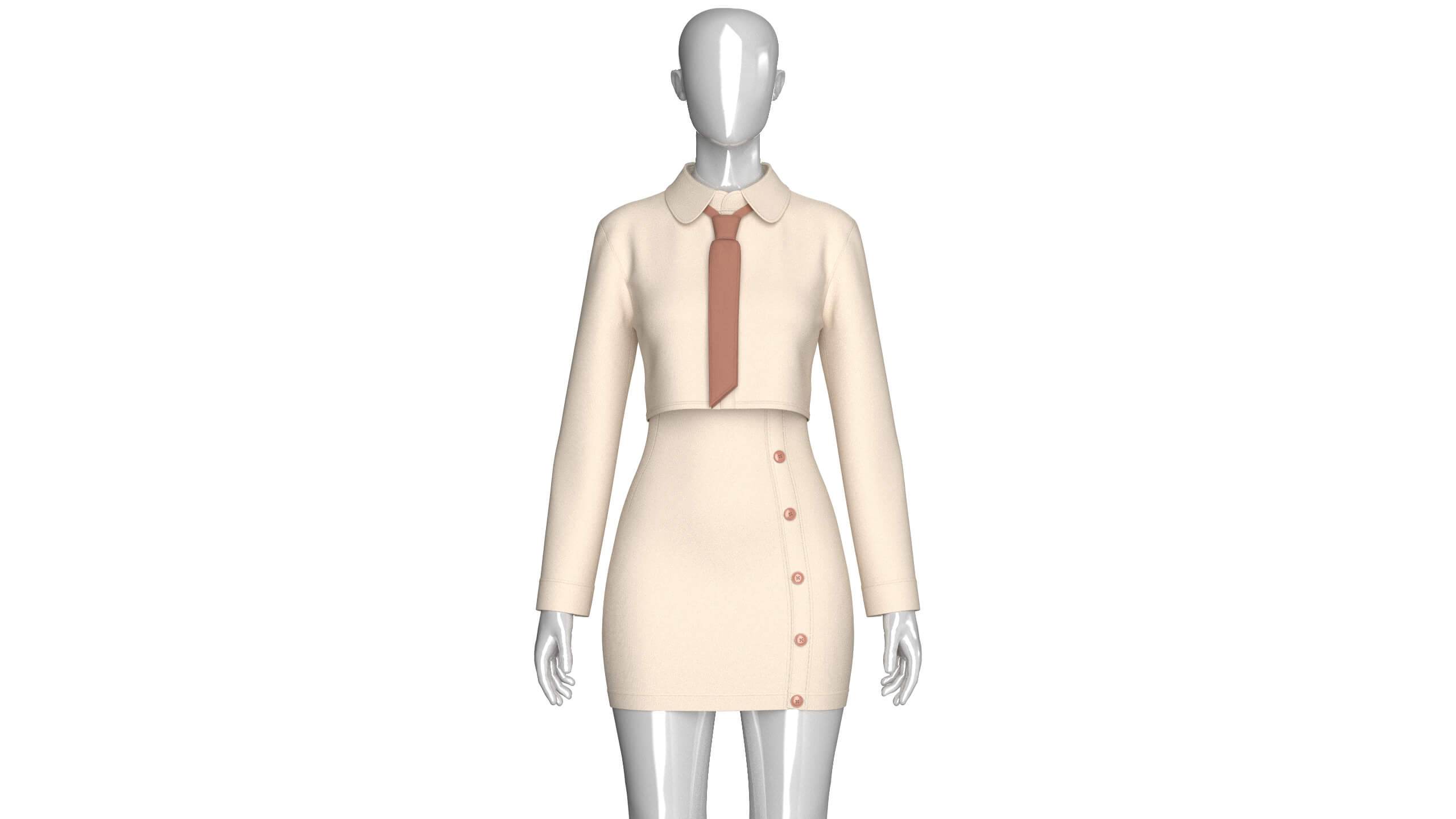 Girls Crop Shirt Tie with Side Button Skirt - Outfit 3D Model