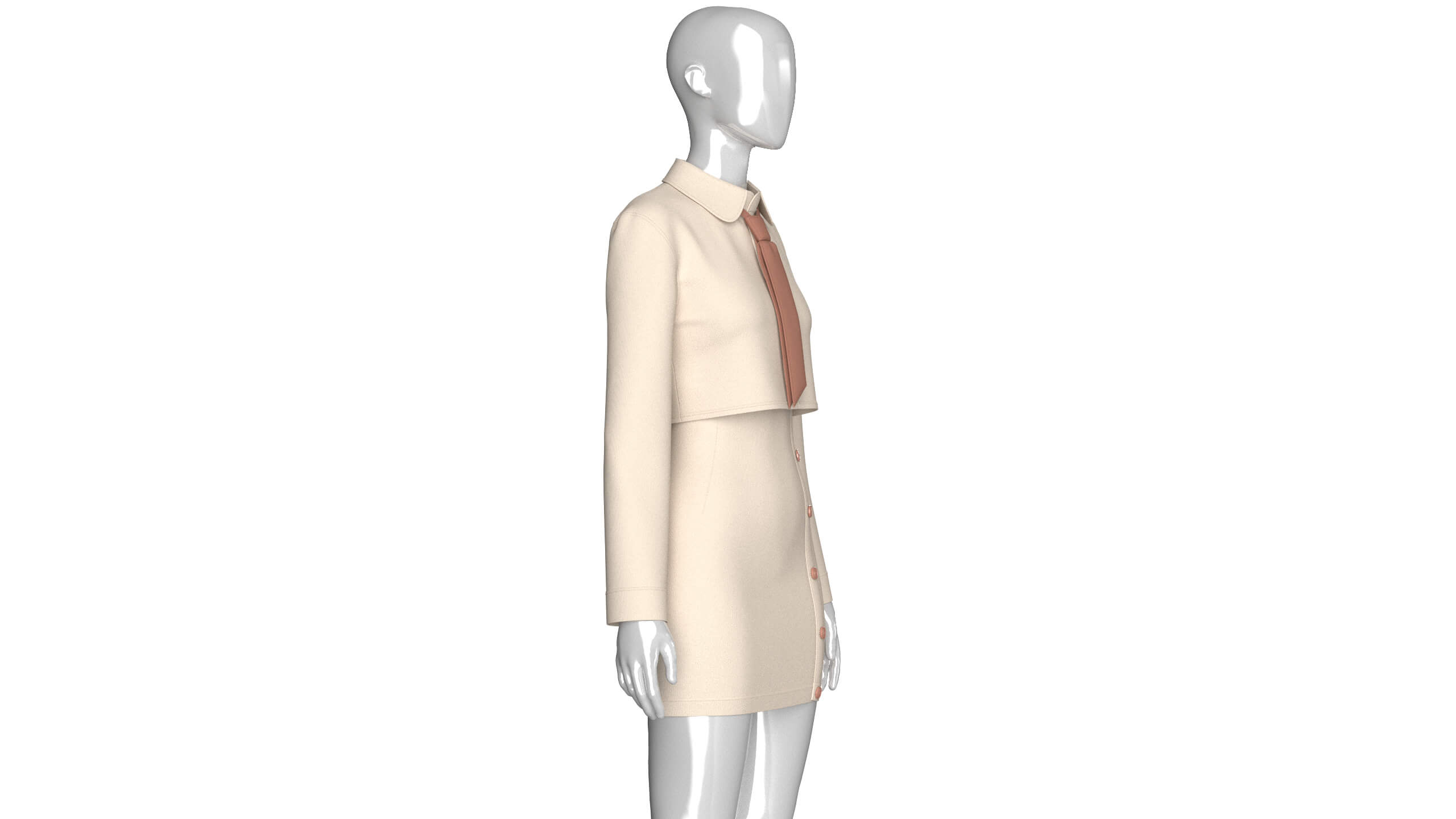 Girls Crop Shirt Tie with Side Button Skirt - Outfit 3D Model