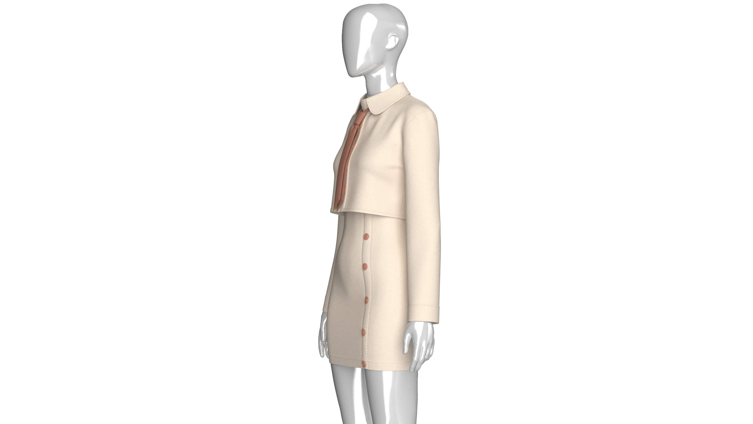 Girls Crop Shirt Tie with Side Button Skirt - Outfit 3D Model