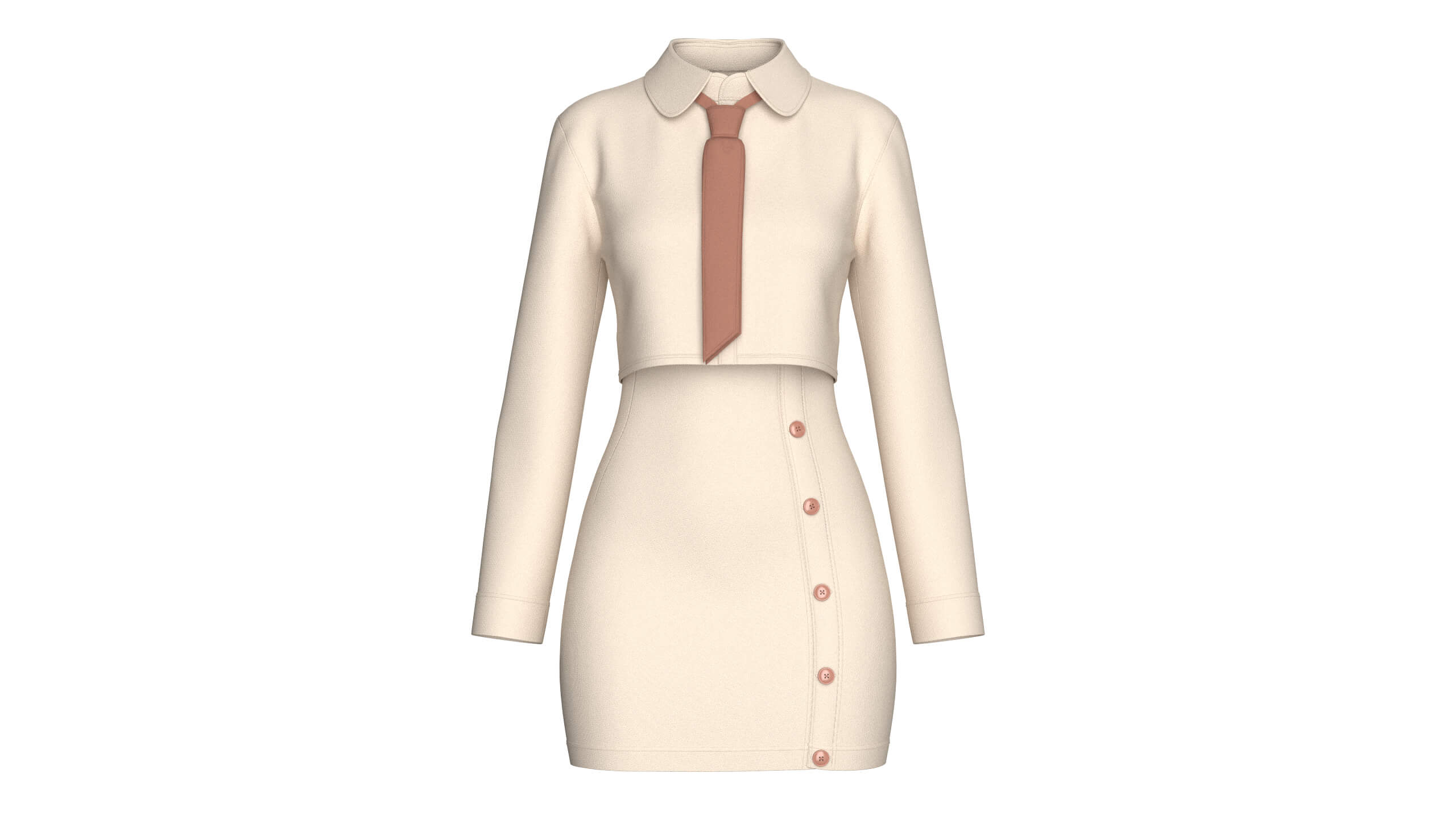 Girls Crop Shirt Tie with Side Button Skirt - Outfit 3D Model
