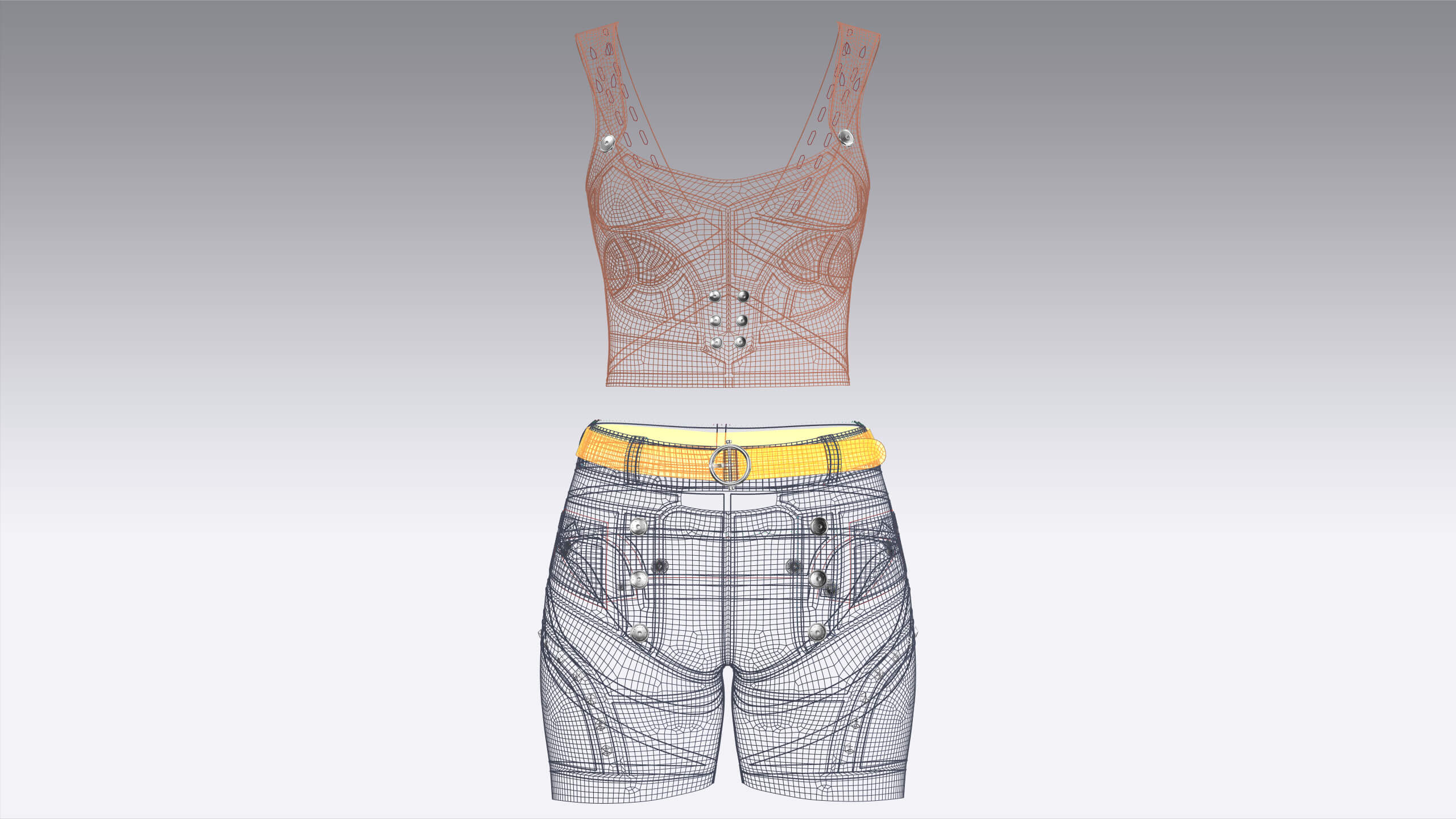 Girls Crop Top with Snap-Placket Utility Shorts 3D Model