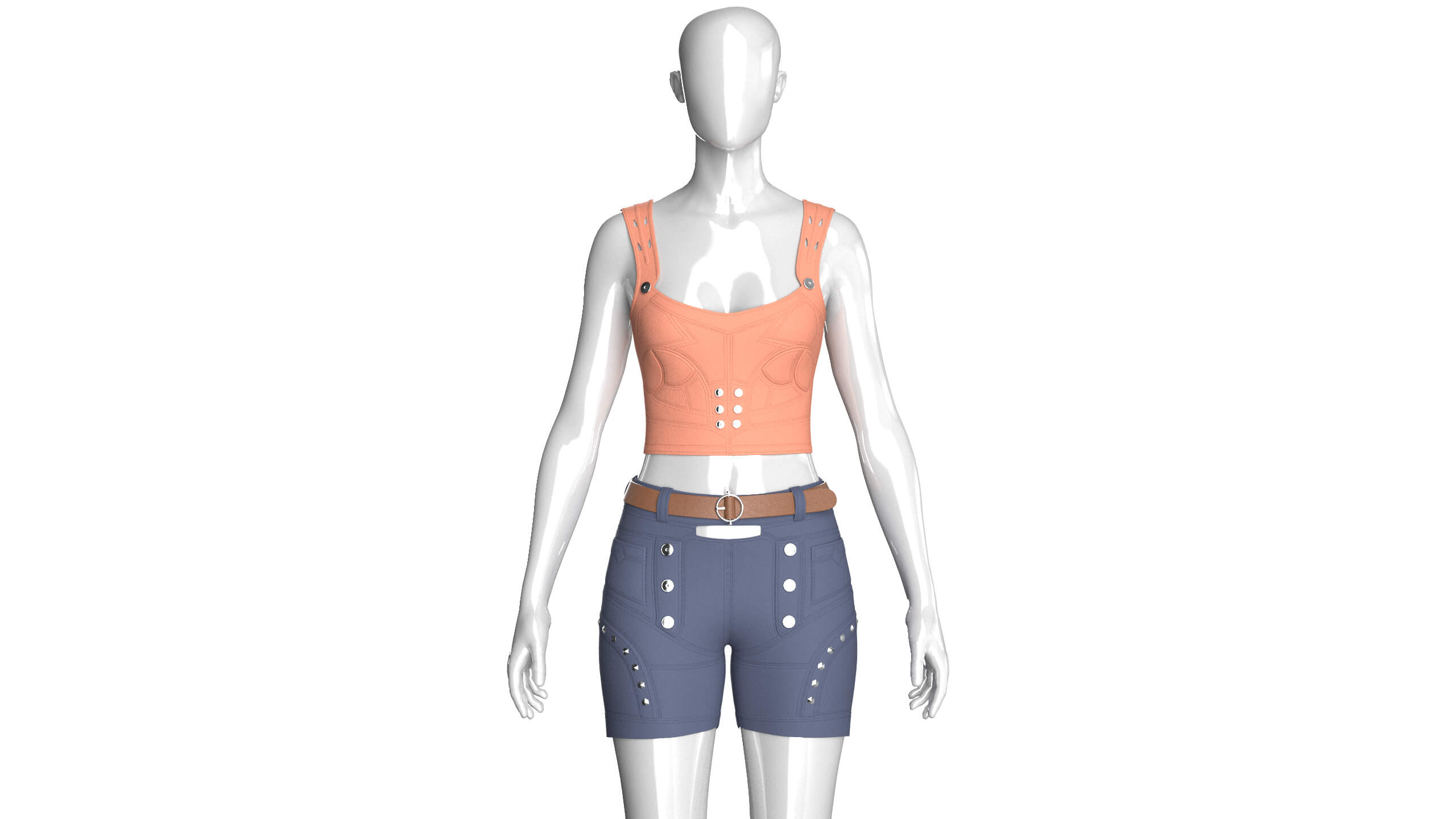 Girls Crop Top with Snap-Placket Utility Shorts 3D Model