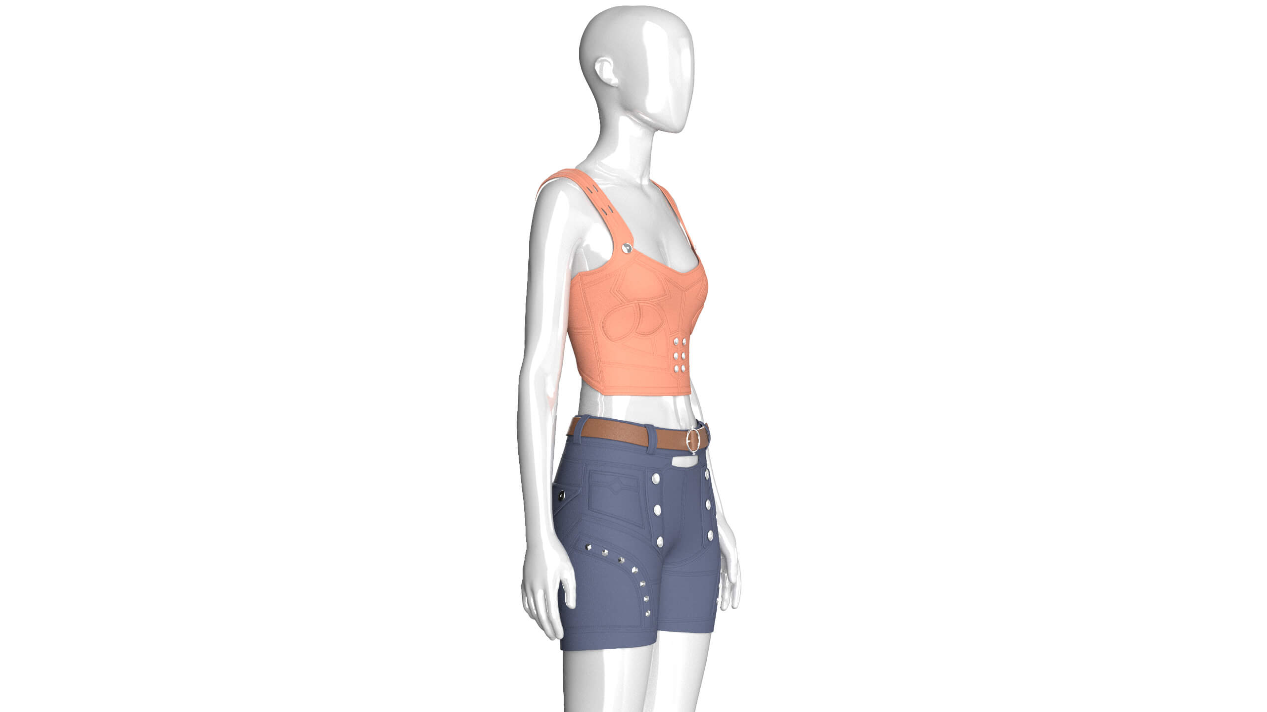 Girls Crop Top with Snap-Placket Utility Shorts 3D Model