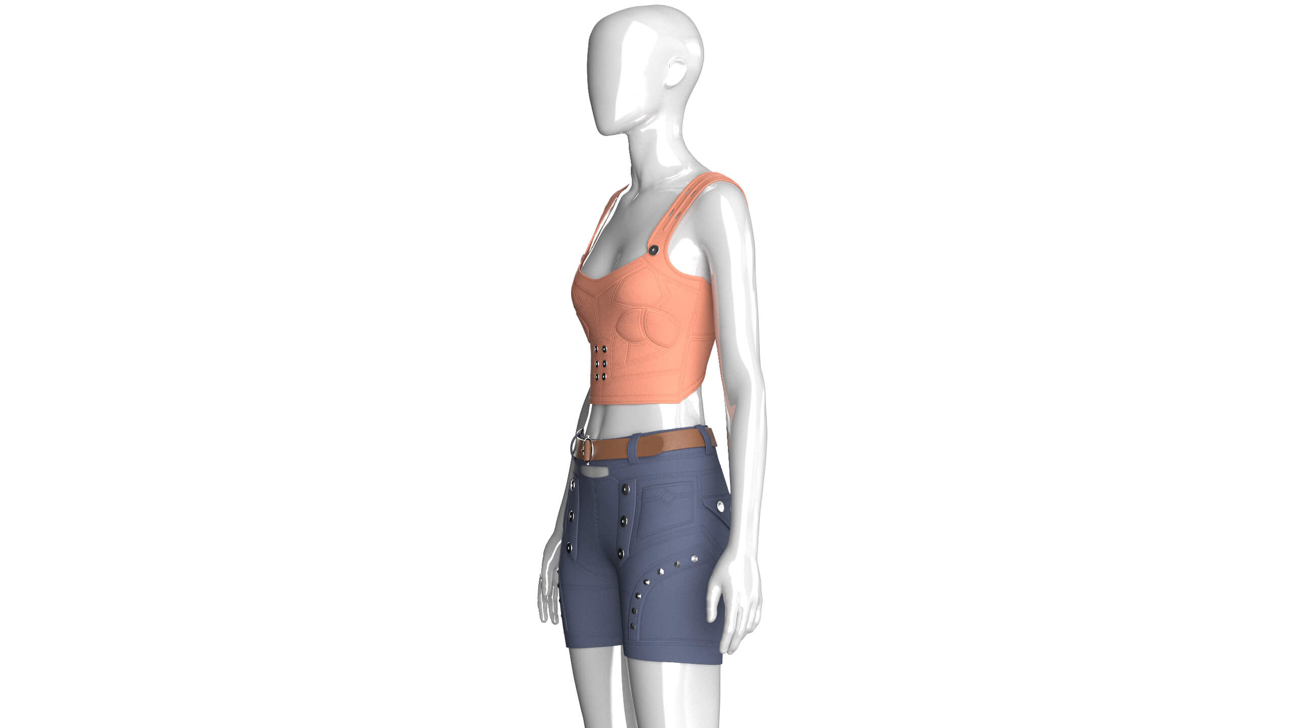 Girls Crop Top with Snap-Placket Utility Shorts 3D Model