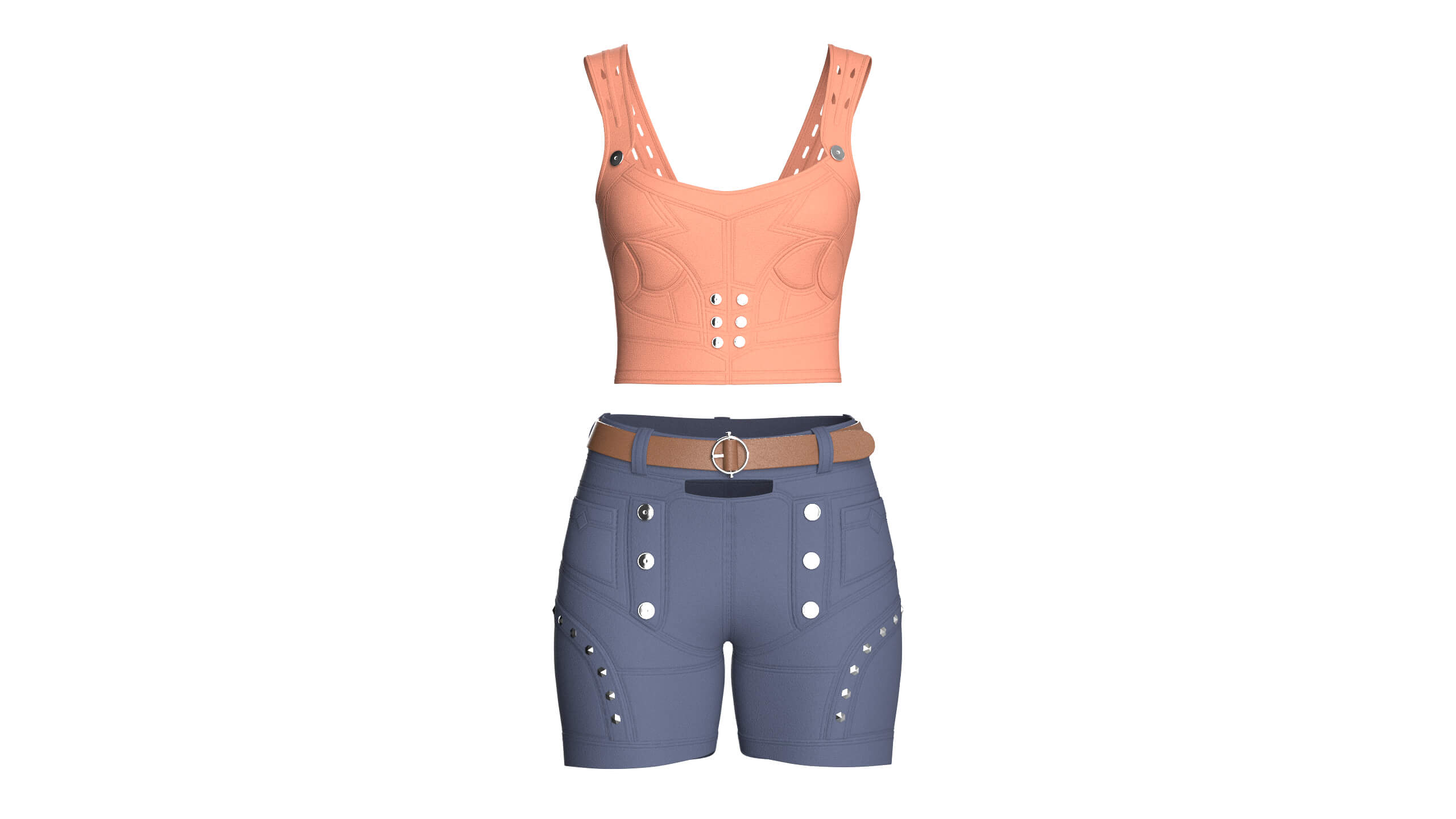 Girls Crop Top with Snap-Placket Utility Shorts 3D Model