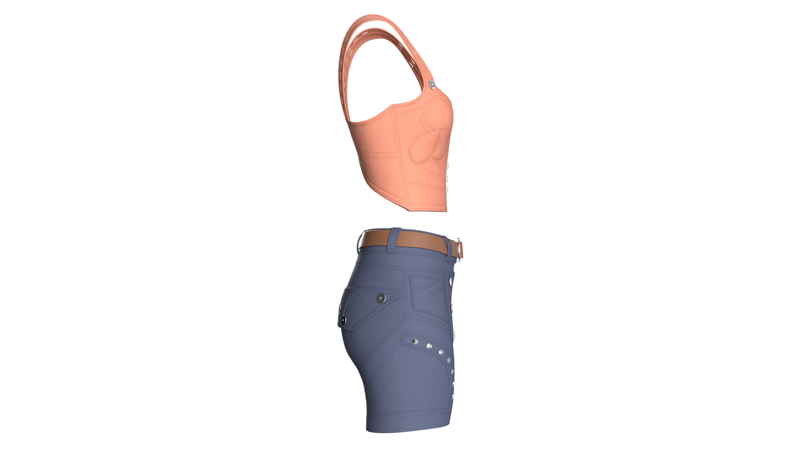 Girls Crop Top with Snap-Placket Utility Shorts 3D Model