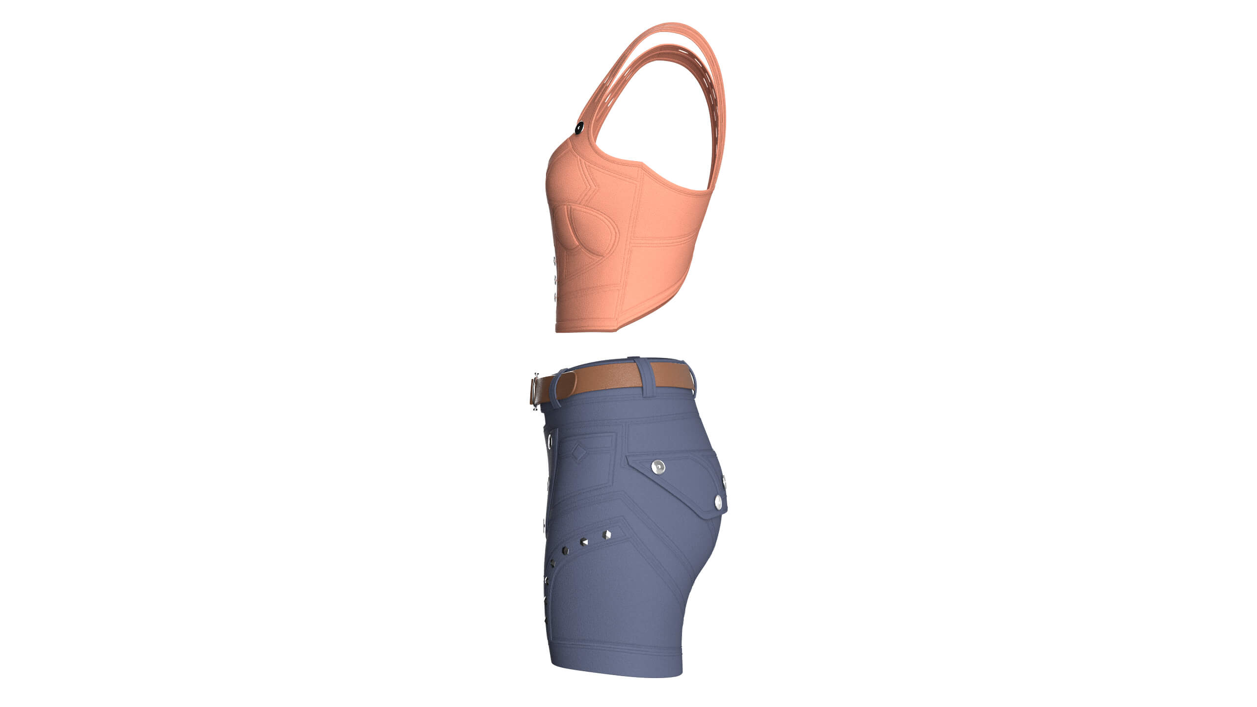 Girls Crop Top with Snap-Placket Utility Shorts 3D Model